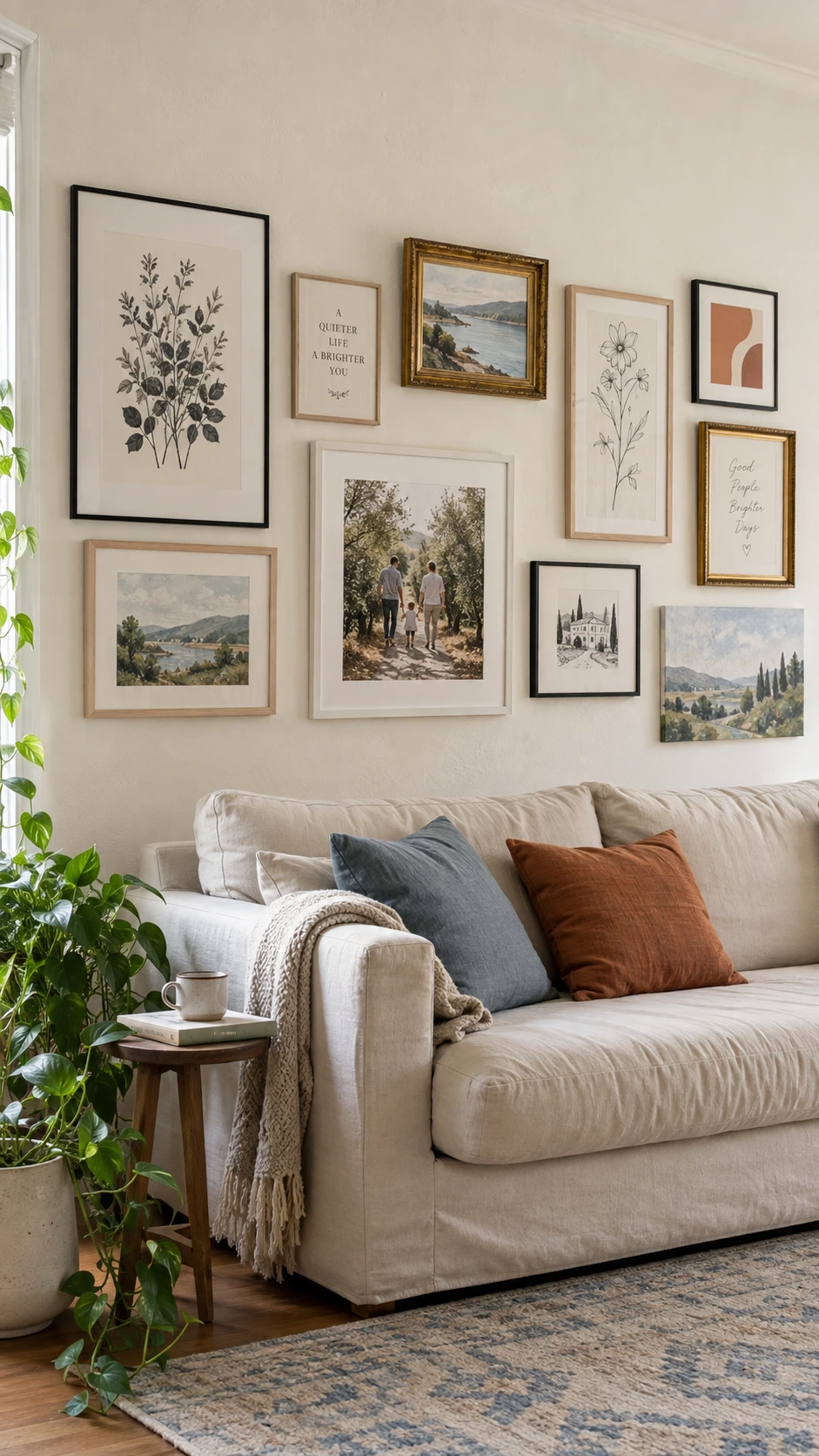 Gallery wall in a bright living room featuring eclectic mismatched frames in varying sizes and finishes, showing how mixed hanging decor creates a curated yet personal display