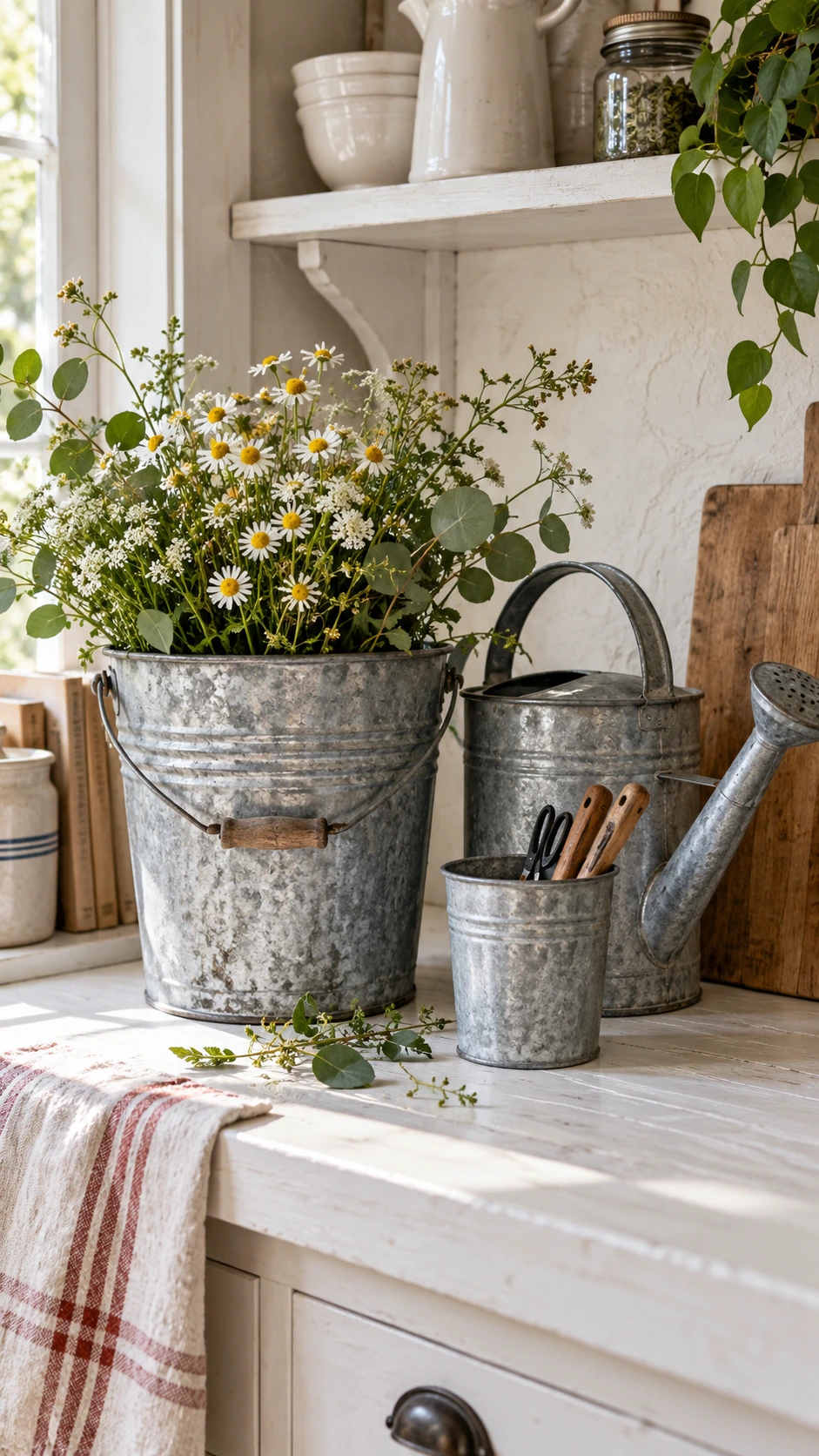 Galvanized metal bucket with ribbed texture holding fresh wildflowers styled on a white-painted farmhouse kitchen shelf, showing how industrial accents warm up rustic spaces