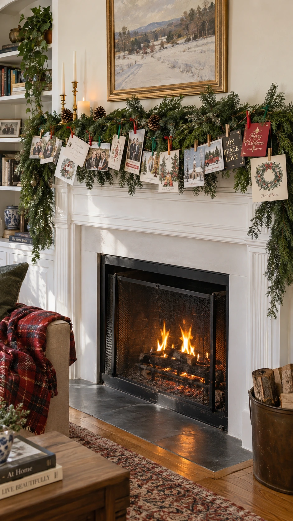Fresh evergreen garland draped across a fireplace mantel with Christmas cards strung along it, a heartfelt holiday display idea