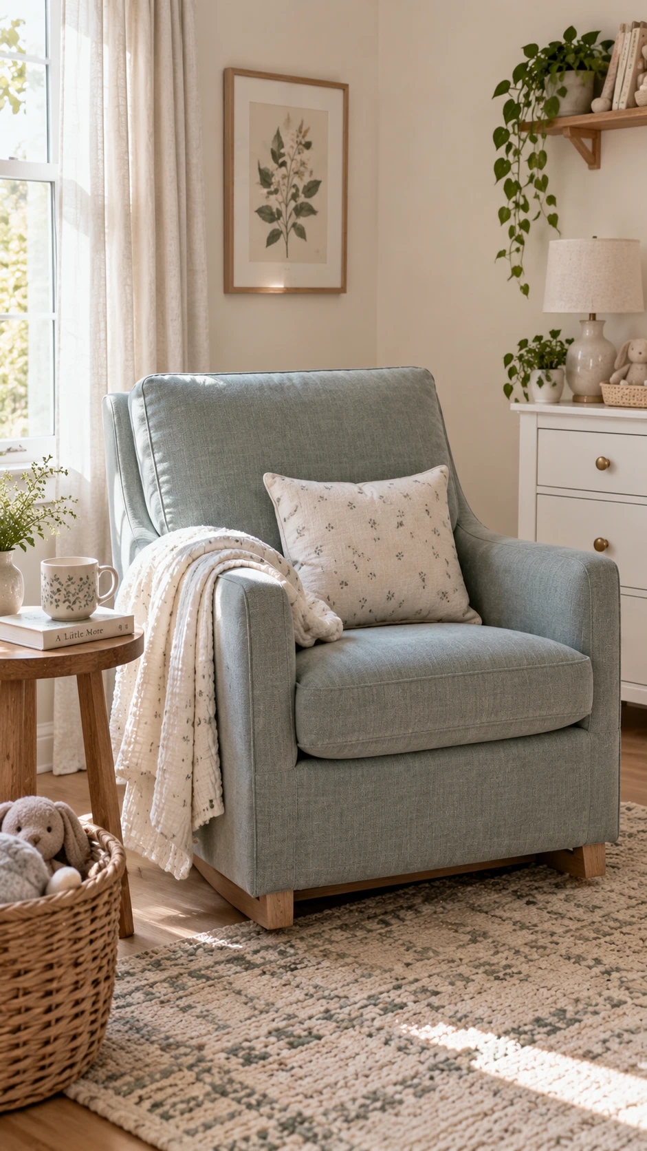 Dusty blue-green linen glider with pale oak legs in a soft nursery—proof that functional baby furniture can look like real grown-up decor