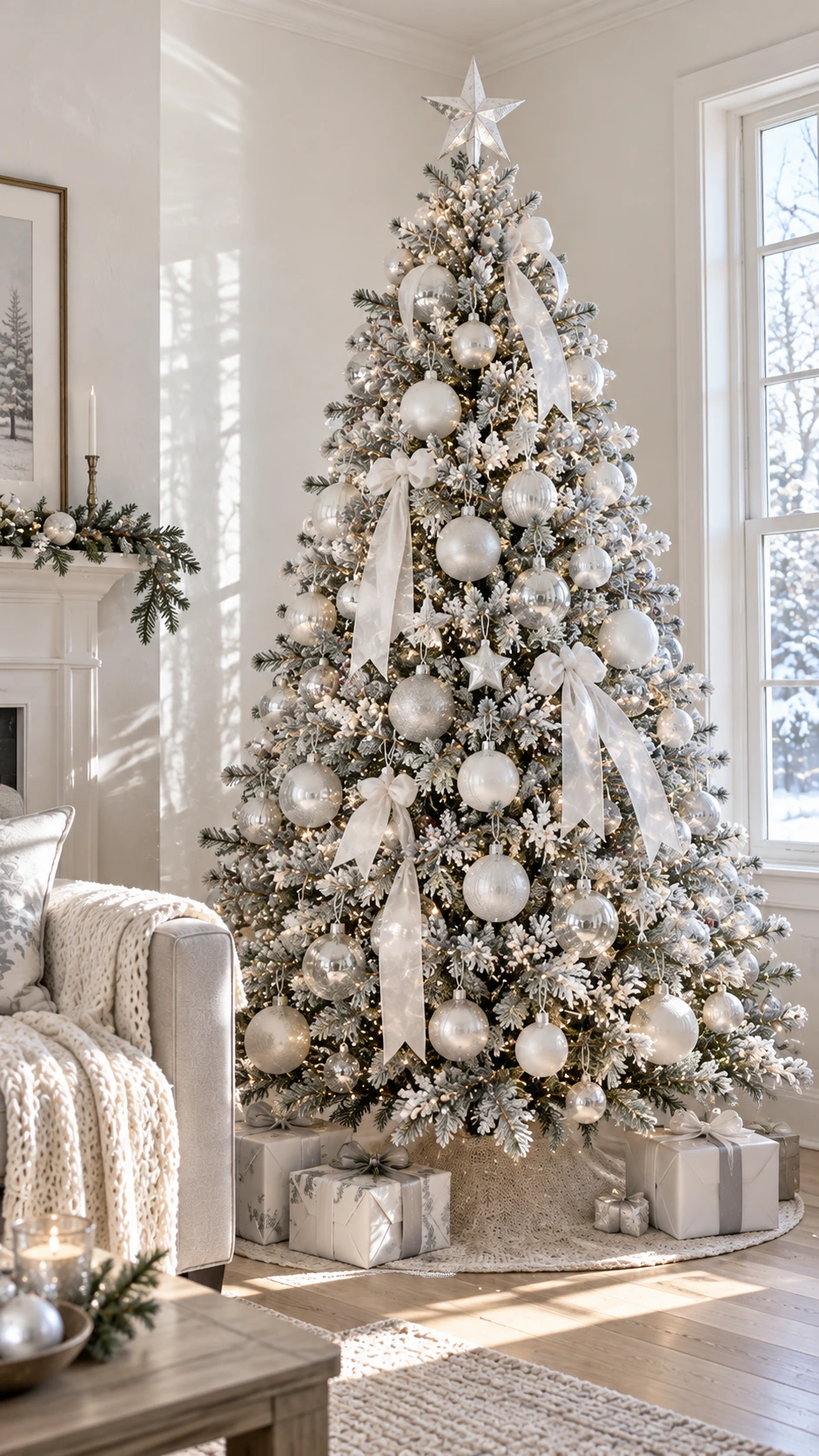 Monochromatic Christmas tree decorated in white and silver frost tones against a cool white textured wall, creating a calm elegant holiday living room look
