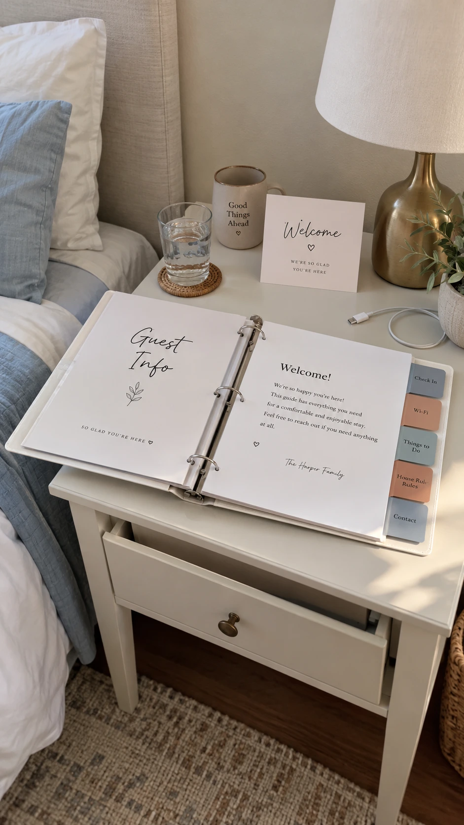 Open guest info binder on a bedside table in an Airbnb bedroom, with handwritten-style script cover and tabbed sections for easy guest navigation