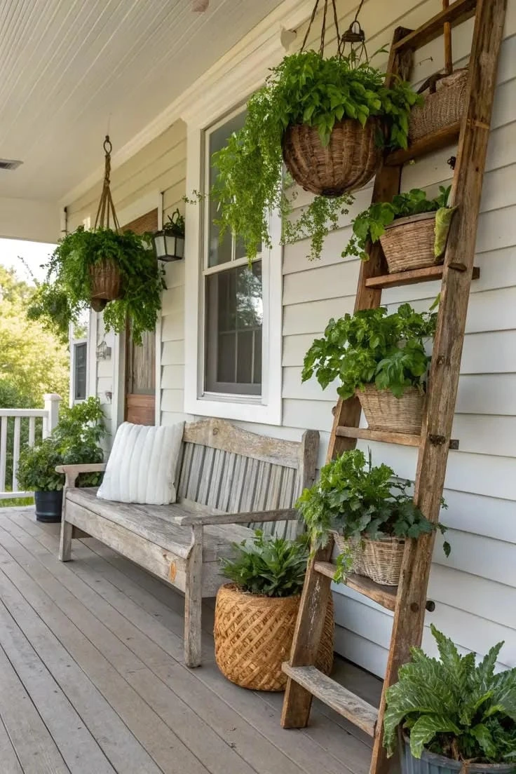 3- Hang Baskets from a Porch Ladder