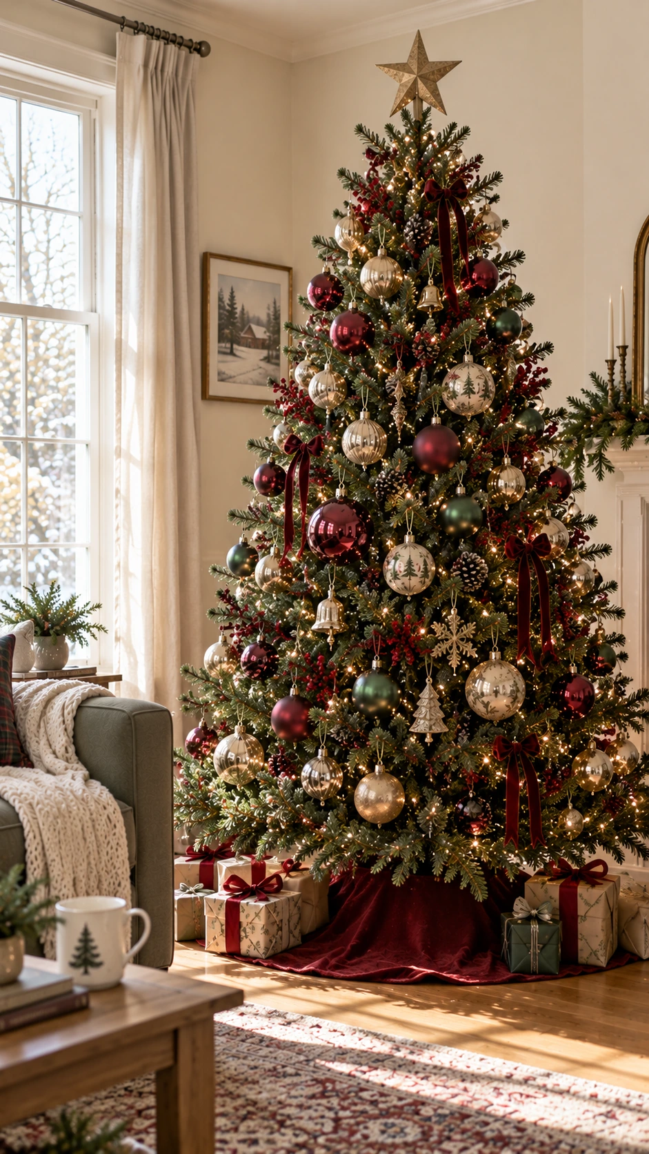 Tall lush Christmas tree with ornaments hung at varied depths—some nestled near the trunk, others mid-branch, creating a layered look with dimension
