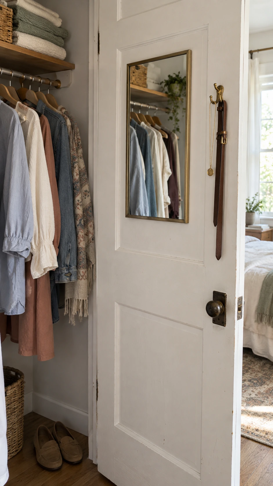 Small rectangular mirror mounted inside a bedroom closet door at eye level, reflecting neatly hung blouses and a jacket — doubling as a quick outfit-check station