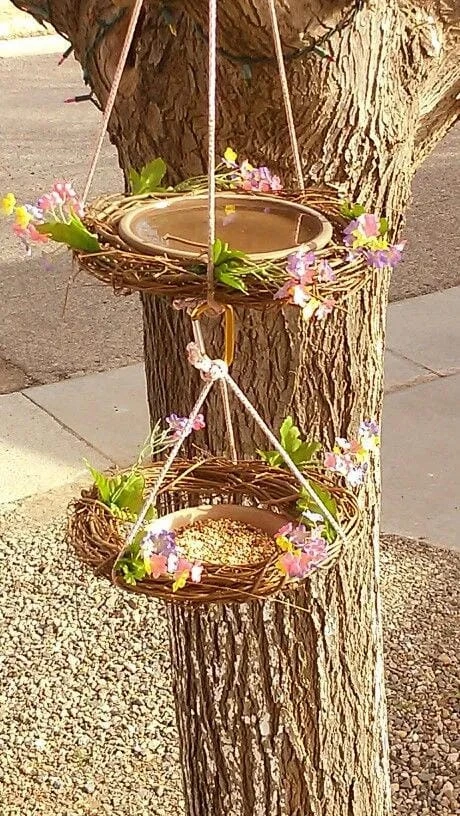 5- Hang Small Saucers in a Flowered Basket