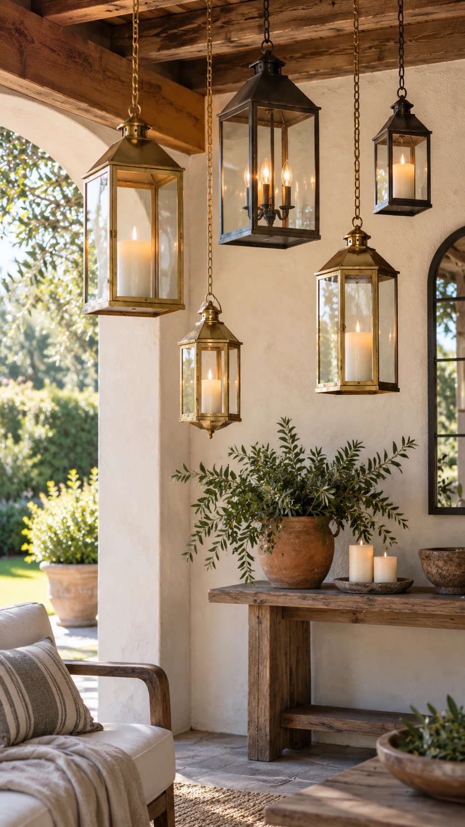 Brushed brass and antique gold glass-paneled hanging lanterns at varying heights from a wooden beam, showcasing layered hanging decor in warm natural light