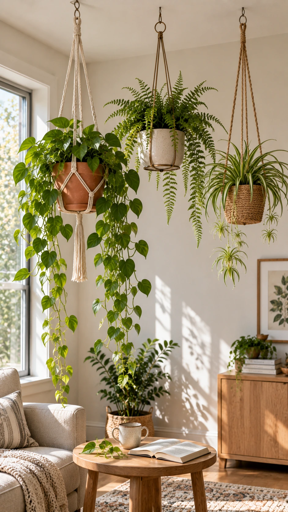 Three hanging planters at varying heights display a cascading pothos, delicate fern, and spider plant, showing how hanging planters add vertical life indoors