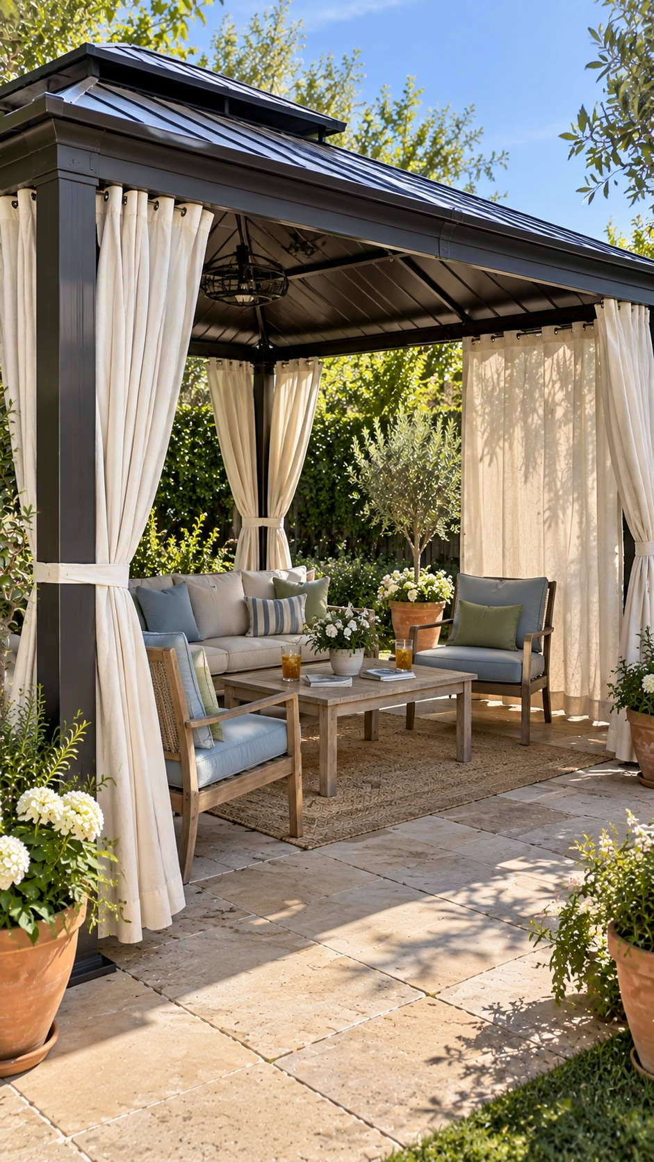 Hardtop gazebo with bronze roof and off-white curtains shading patio seating, a sturdy option for Patio Shade Ideas