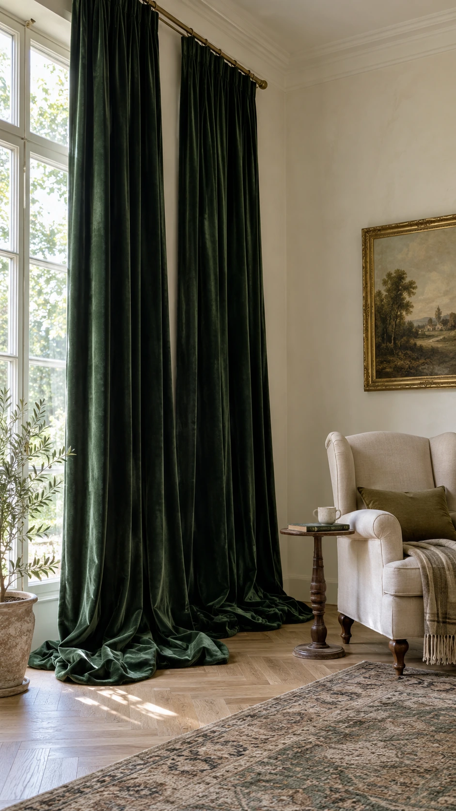 Deep forest green velvet curtains pooling onto pale oak herringbone parquet in a sun-filled living room, the old money home decor signature of deliberate excess fabric