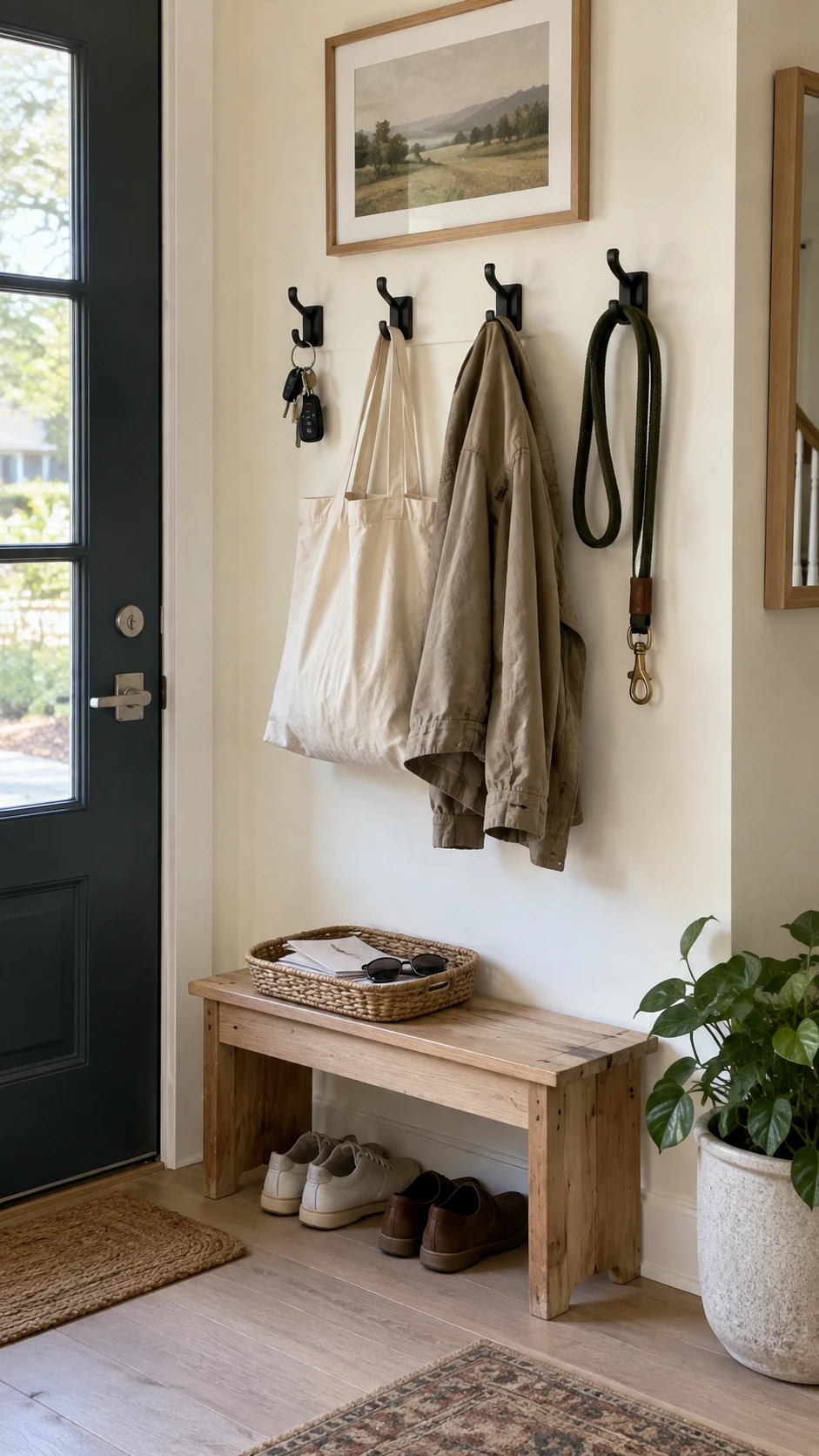 Matte black wall-mounted hooks beside a bright front door in an Airbnb entryway, giving guests an instant place to hang coats and bags on arrival
