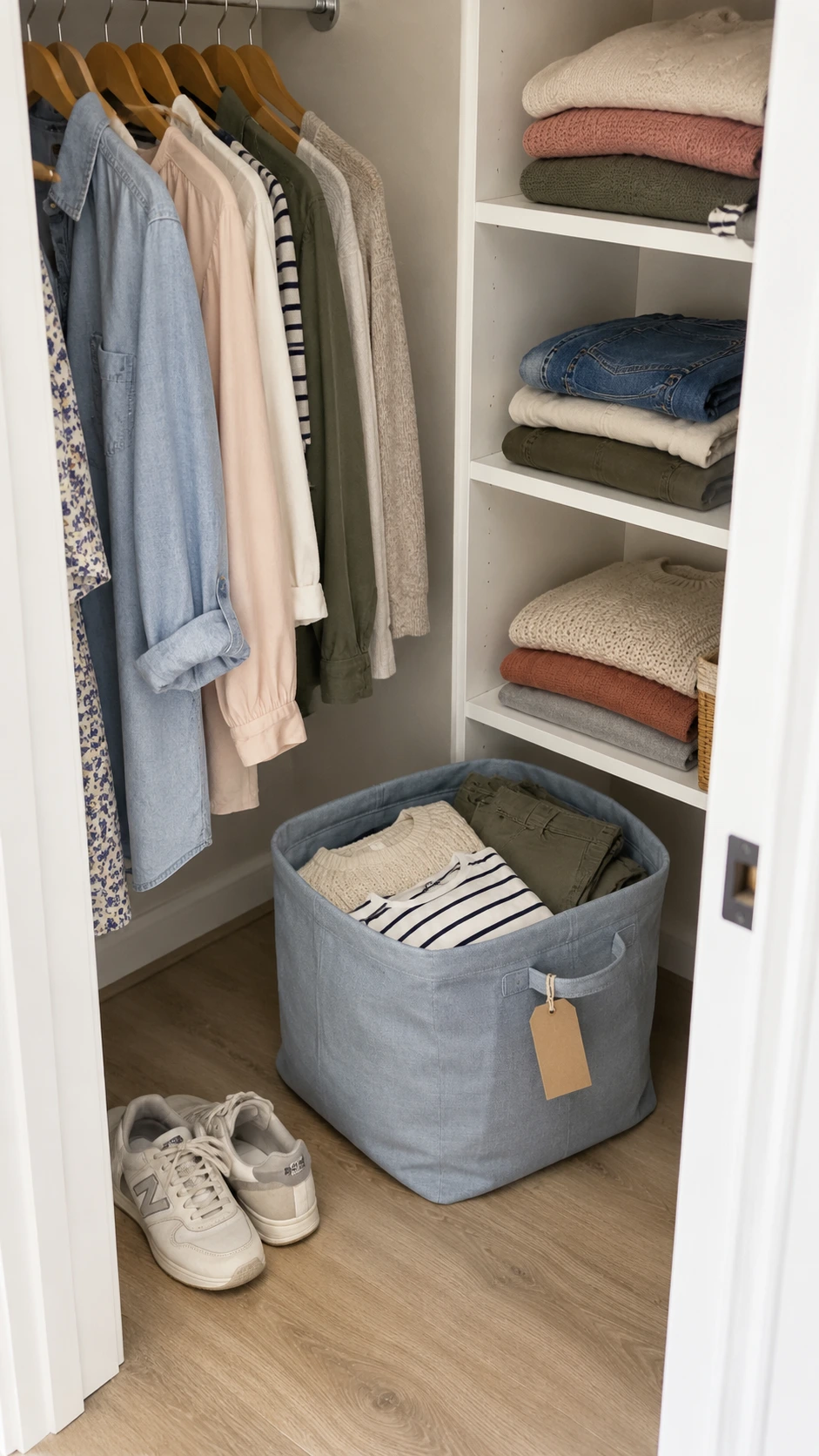 Dusty blue fabric donation bin tucked in the corner of an organized reach-in closet, making it easy to declutter clothes as you go