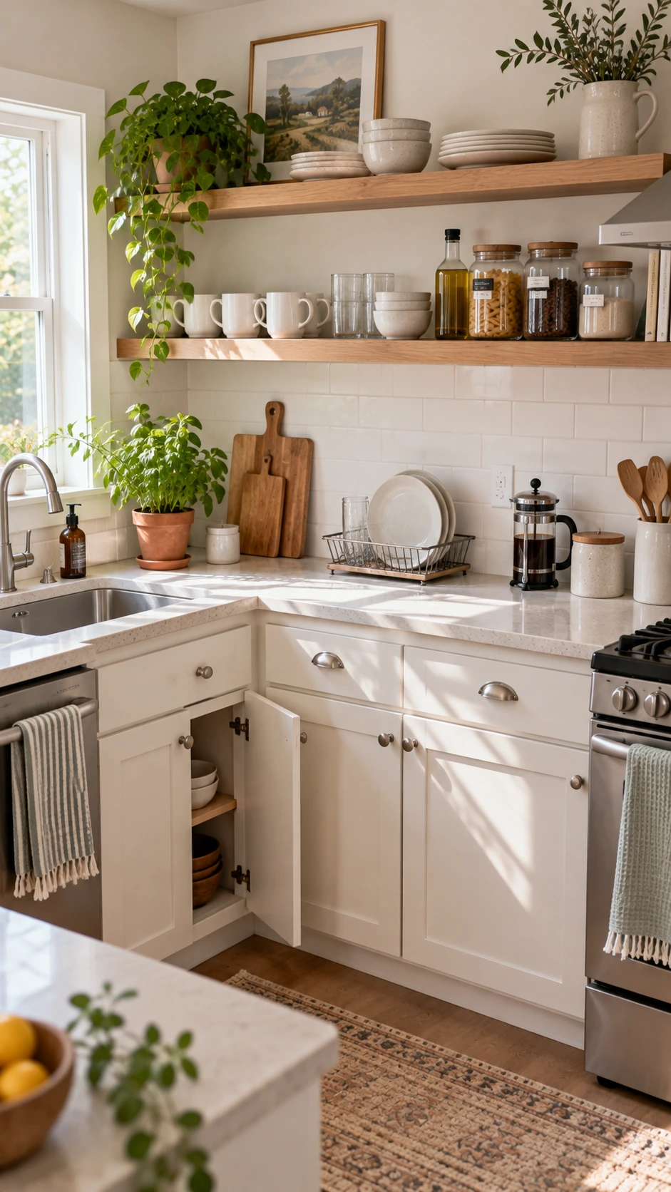 Bright modern Airbnb kitchen with open shelving holding white mugs, ceramic plates, and glass bowls that signal a fully stocked guest-ready space