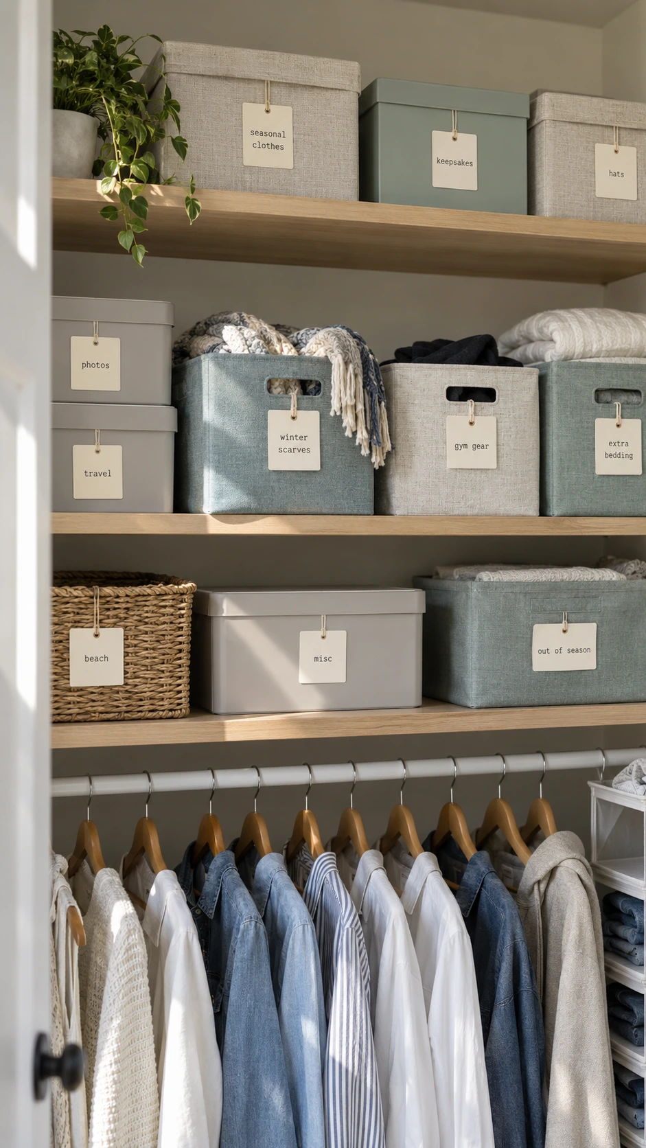 Bedroom closet shelves with labeled fabric bins and opaque lidded boxes stacked in neat rows, showing how a simple tagging system keeps hidden storage instantly findable