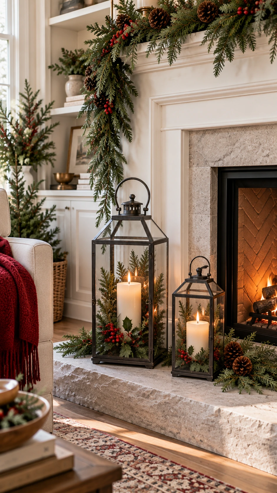 Two glass lanterns filled with pine, cedar, and holly greenery on a stone fireplace hearth, a simple Christmas fireplace decor idea that works in natural light