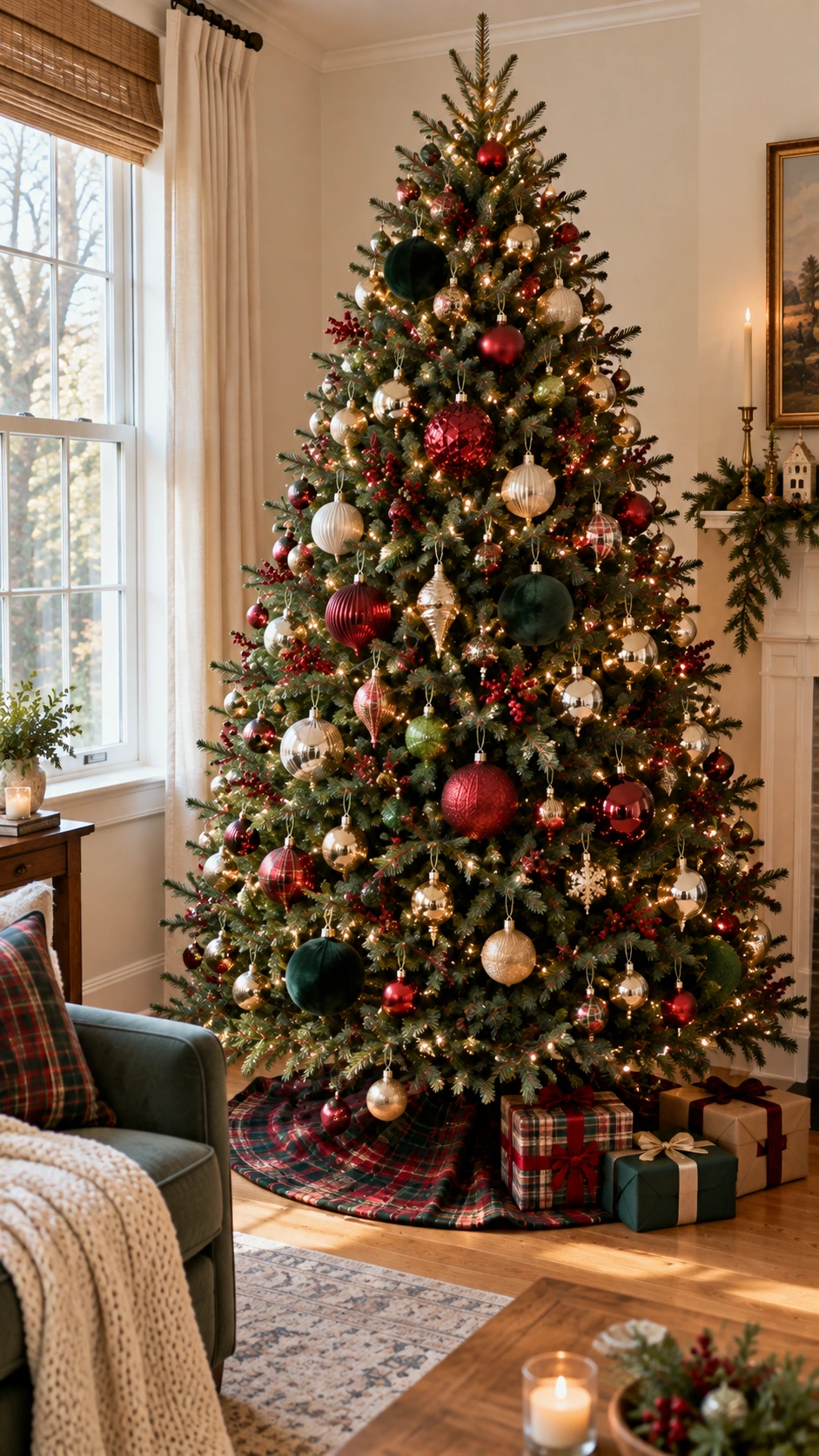 Christmas tree with layered ornament sizes — large baubles tucked near the trunk, medium mid-branch, small at outer tips for depth