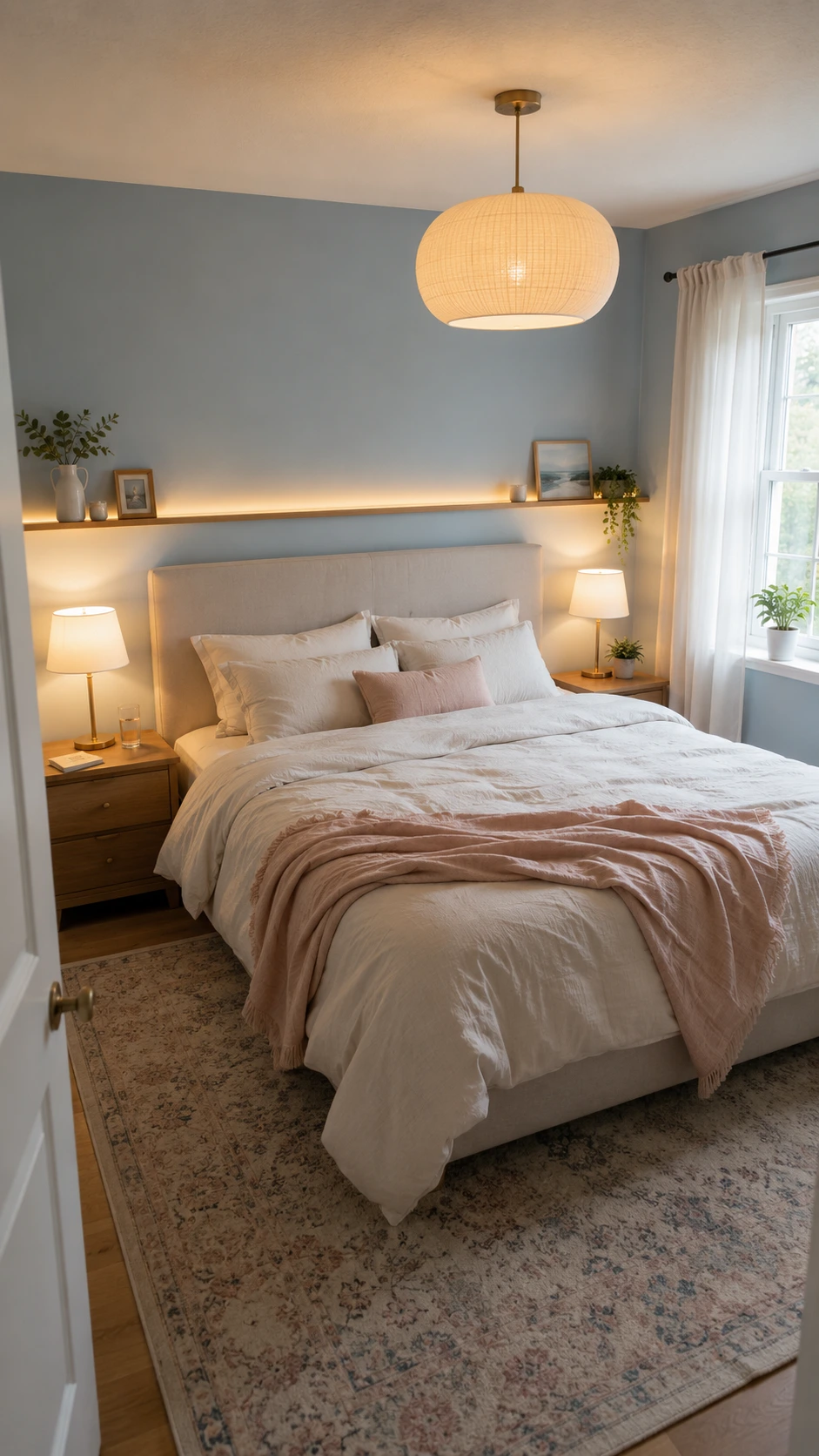 Dreamy Bedroom Ideas with a fabric pendant, warm bedside lamps, and hidden headboard LED glow in a serene neutral room