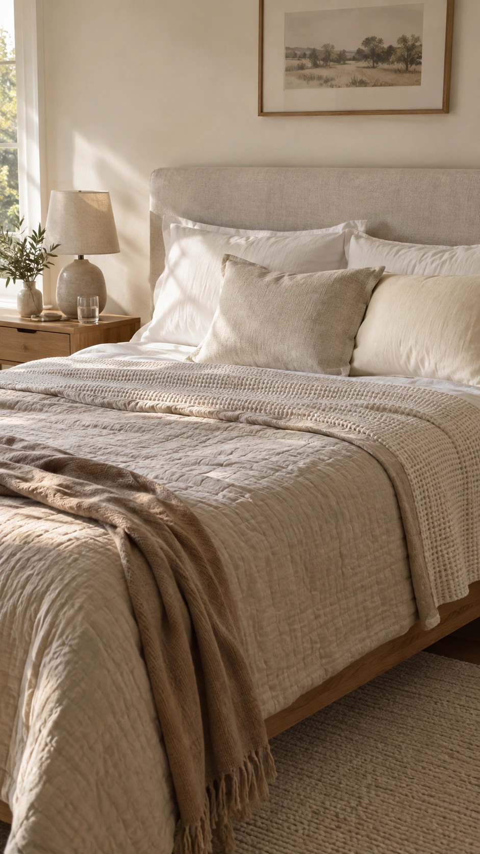 Airbnb bedroom bed layered with warm white cotton sheets, oat waffle blanket, and linen tan quilted coverlet folded back to reveal texture depth