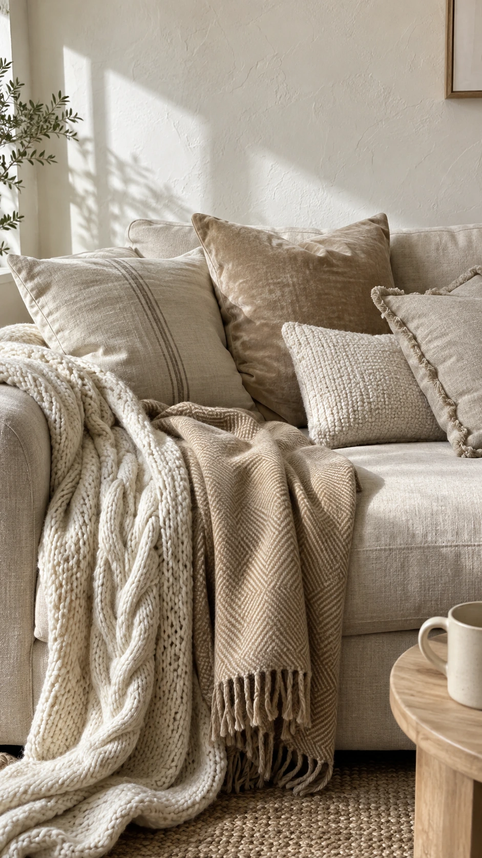 Oatmeal linen sofa layered with ivory cable-knit and herringbone throws in natural tones, capturing the understated old money home decor aesthetic