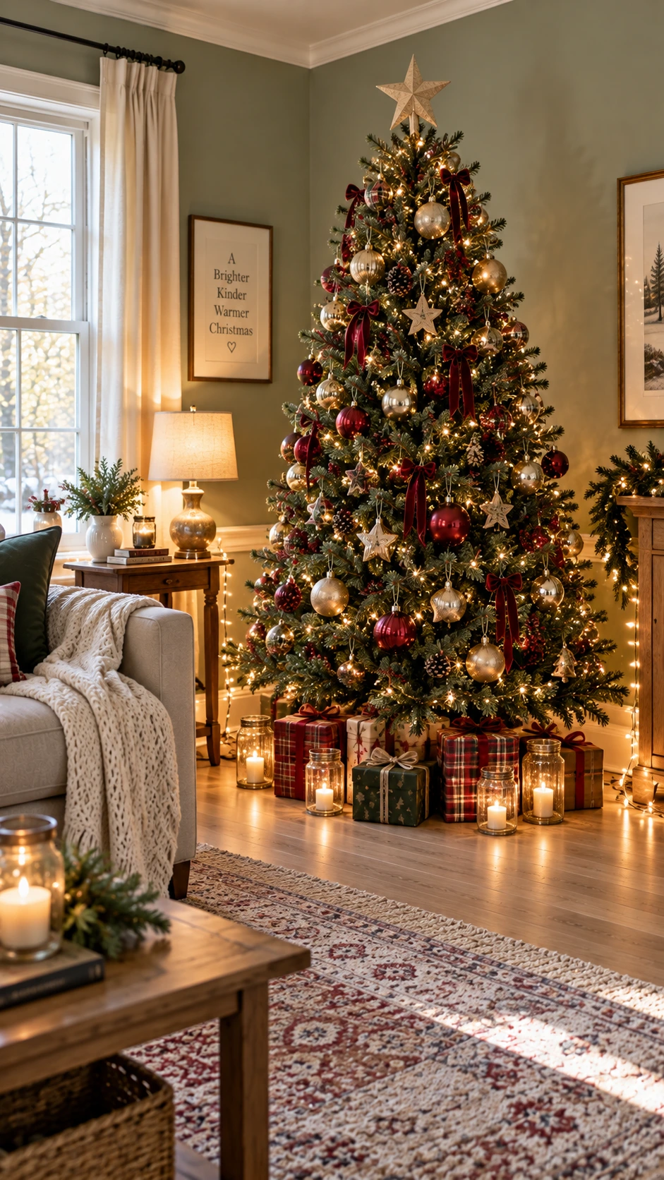 Cozy living room Christmas tree decorated with warm white fairy lights and surrounding ambient lighting, showing how to light the full tree vignette