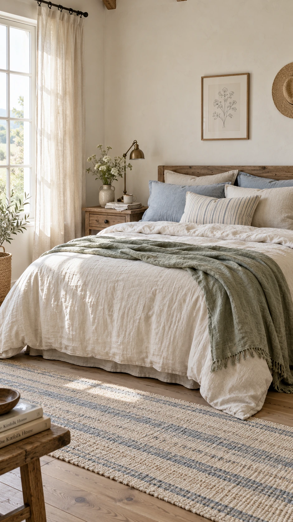 Farmhouse bedroom corner with naturally textured antique white linen duvet and layered cotton pillows in warm window light