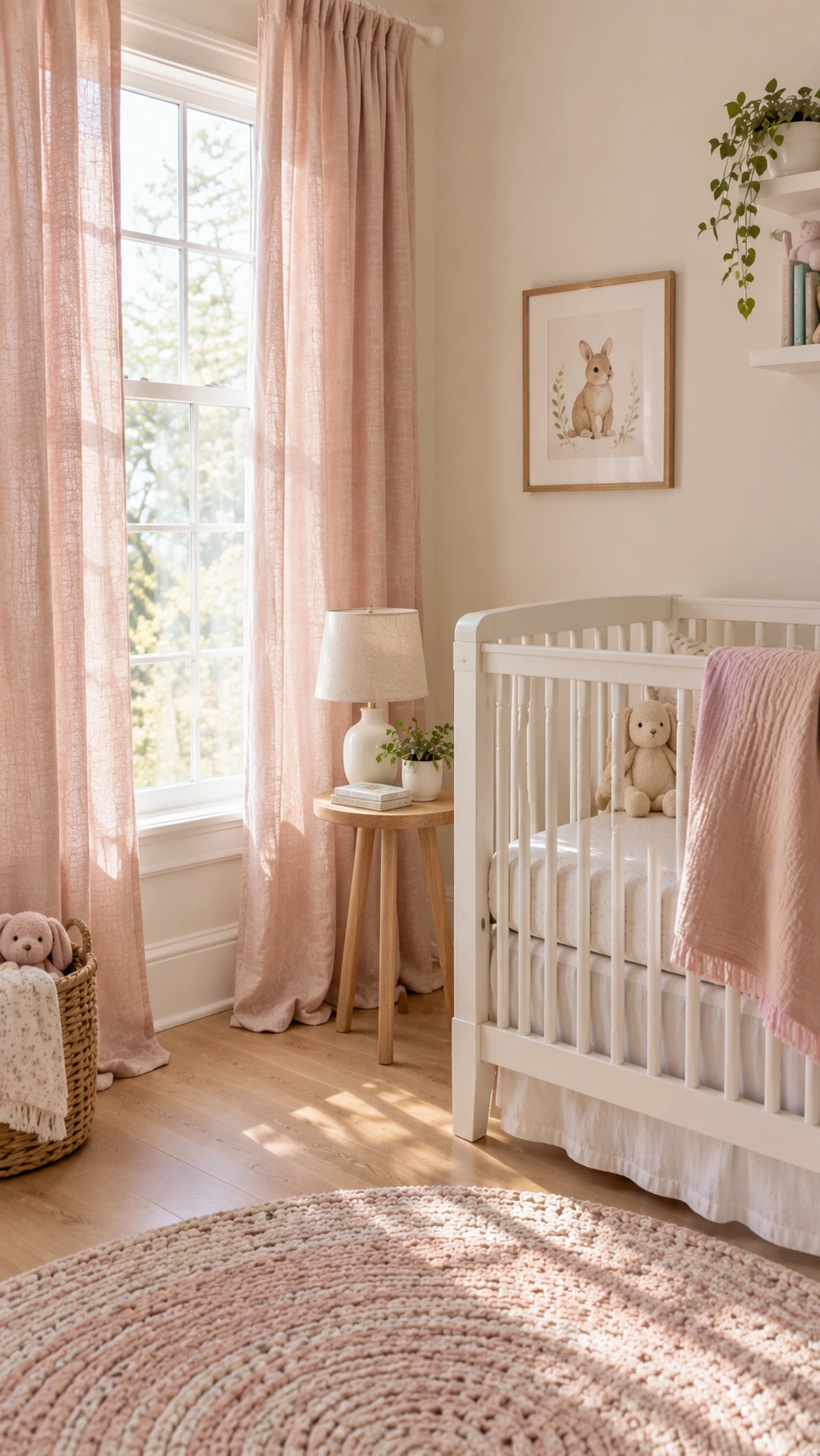 Floor-length dusty rose linen curtains filtering soft natural light in a nursery, hung from a white rod with relaxed folds and open-weave texture visible