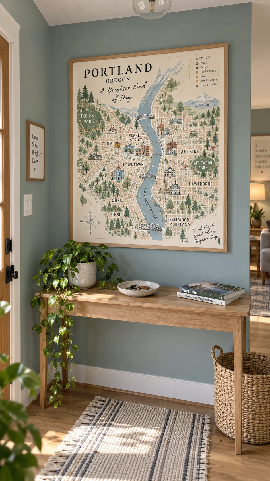 Framed local city map with dusty blue, rust, and olive ink tones hung as a focal point on an Airbnb entryway wall, helping guests feel connected to the neighborhood