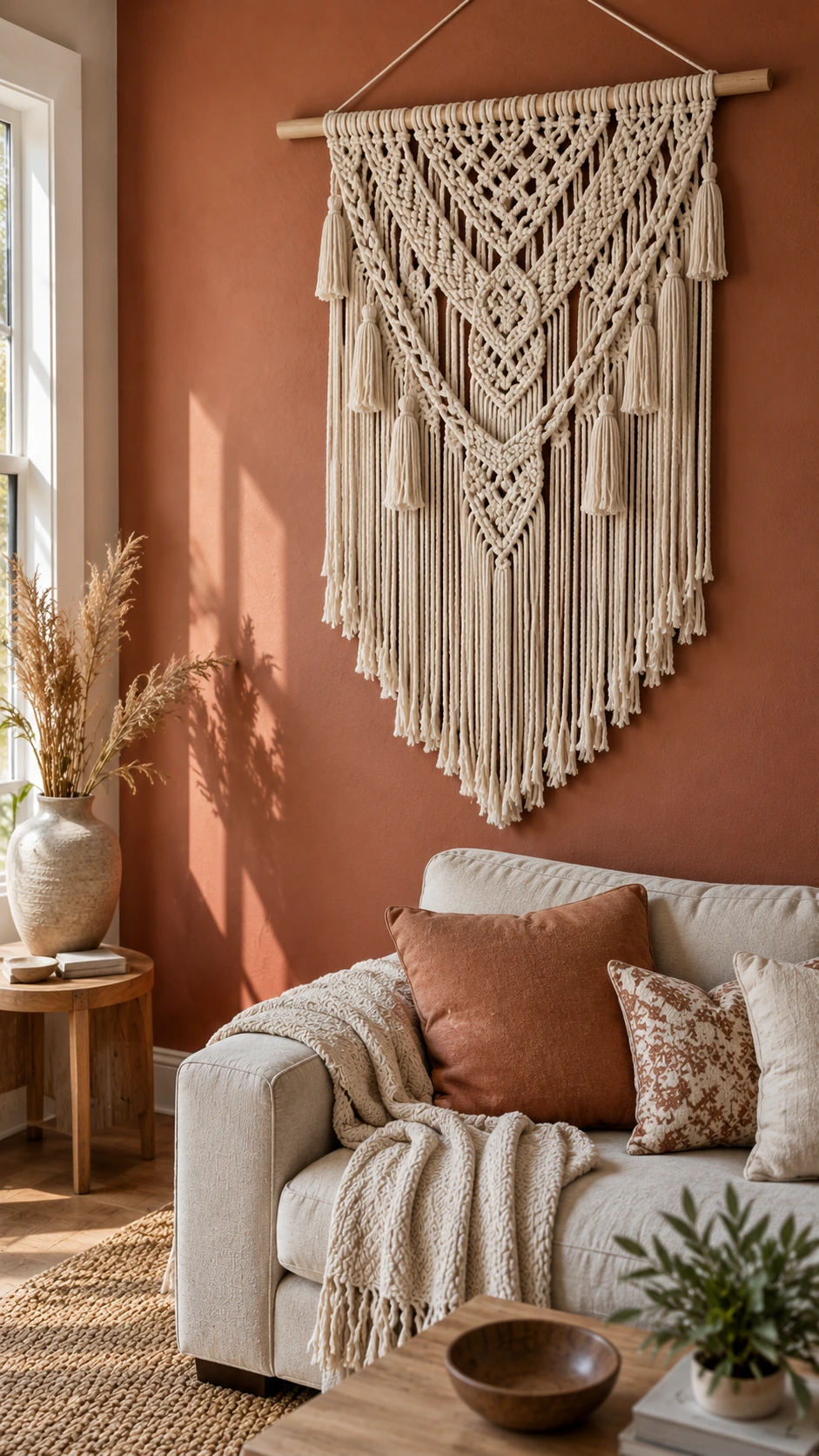 Large handmade macrame wall hanging in ivory cotton rope with geometric knots and long fringe, mounted on a wooden dowel as living room wall decor