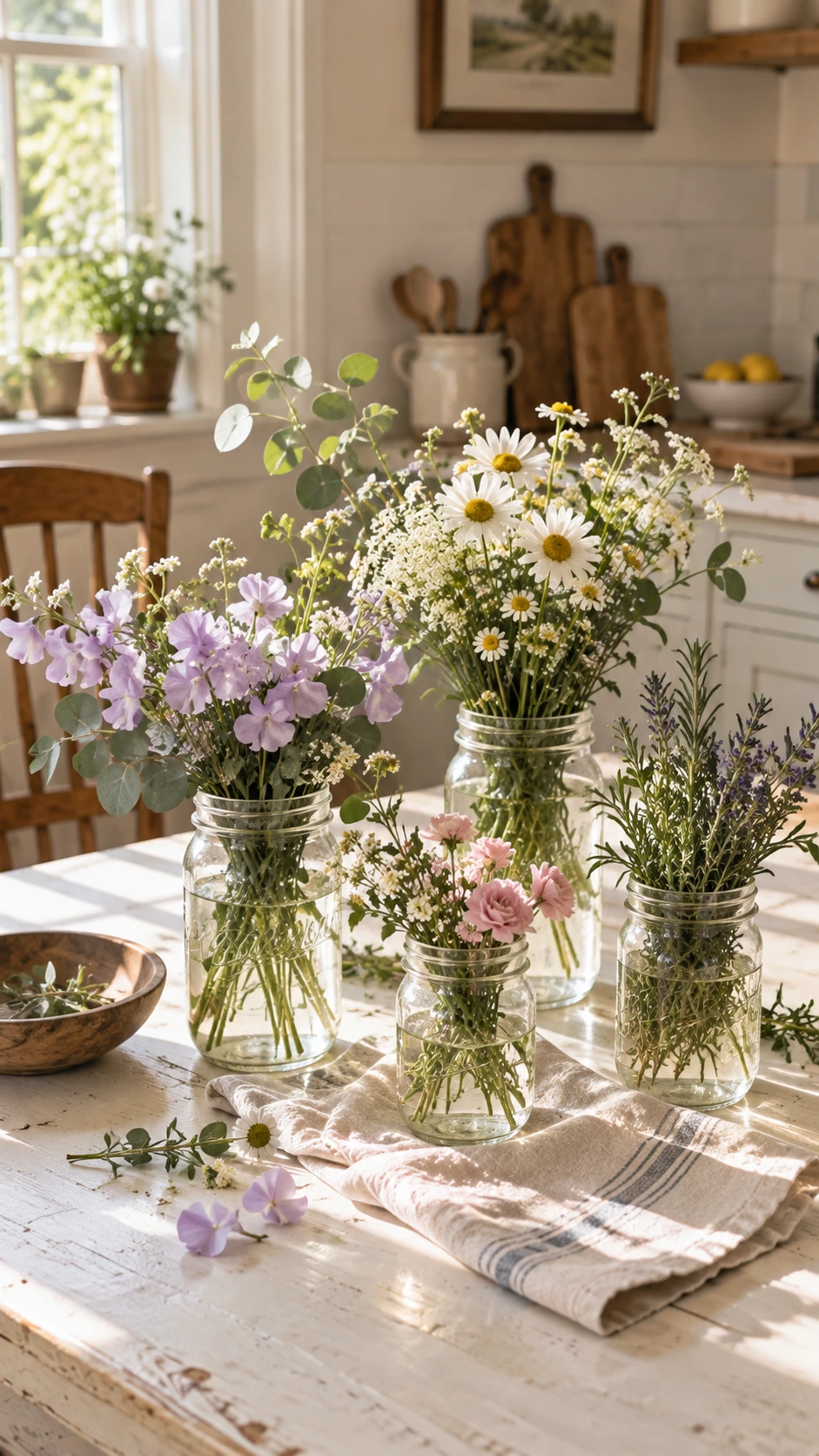 Cluster of pint and quart mason jars holding fresh flowers and herbs on a sunlit farmhouse kitchen counter, styled as an effortless centerpiece arrangement