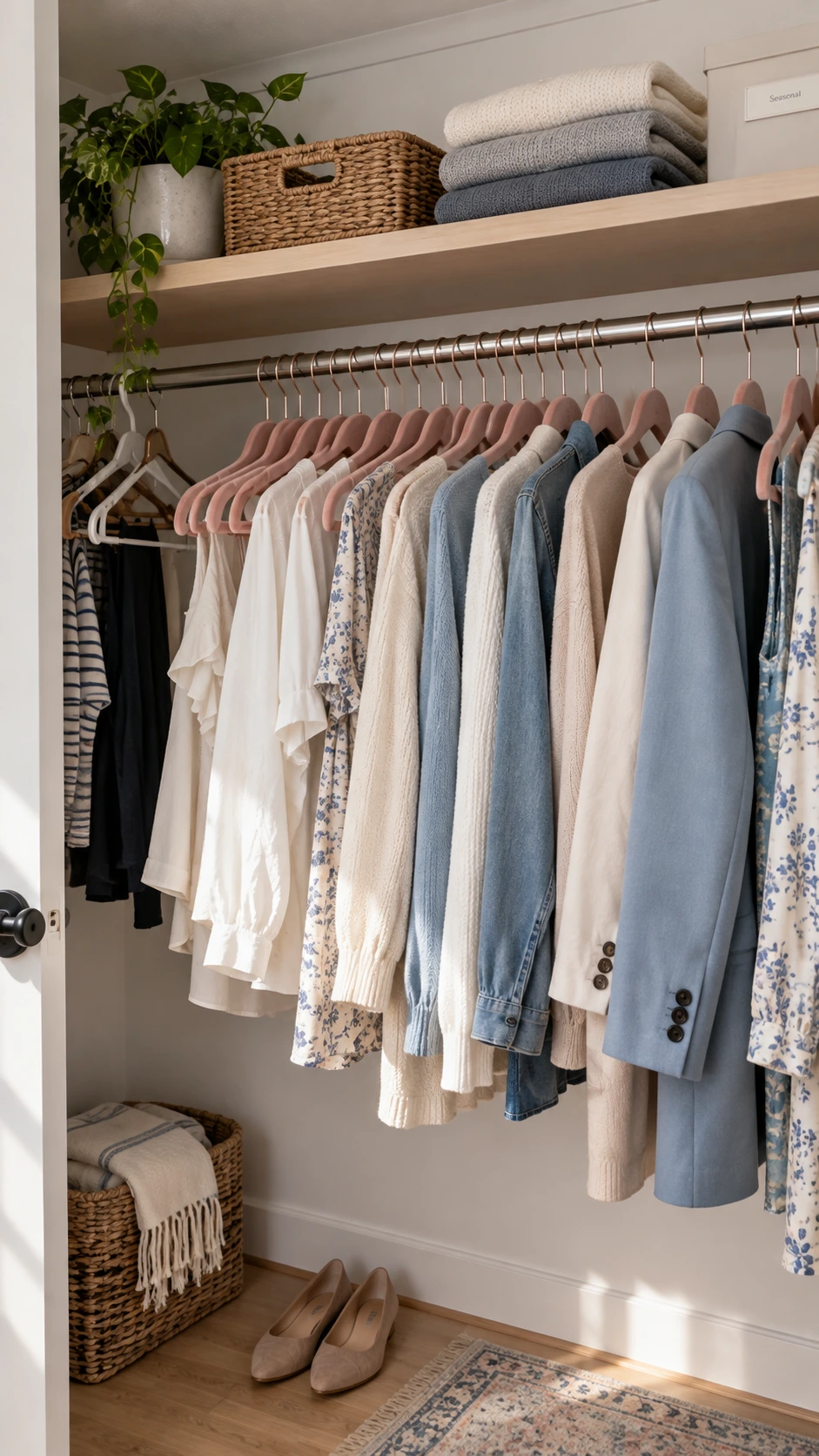 A neat Airbnb closet with uniform dusty blush velvet hangers all facing one direction, demonstrating the polished, hotel-like presentation guests notice immediately