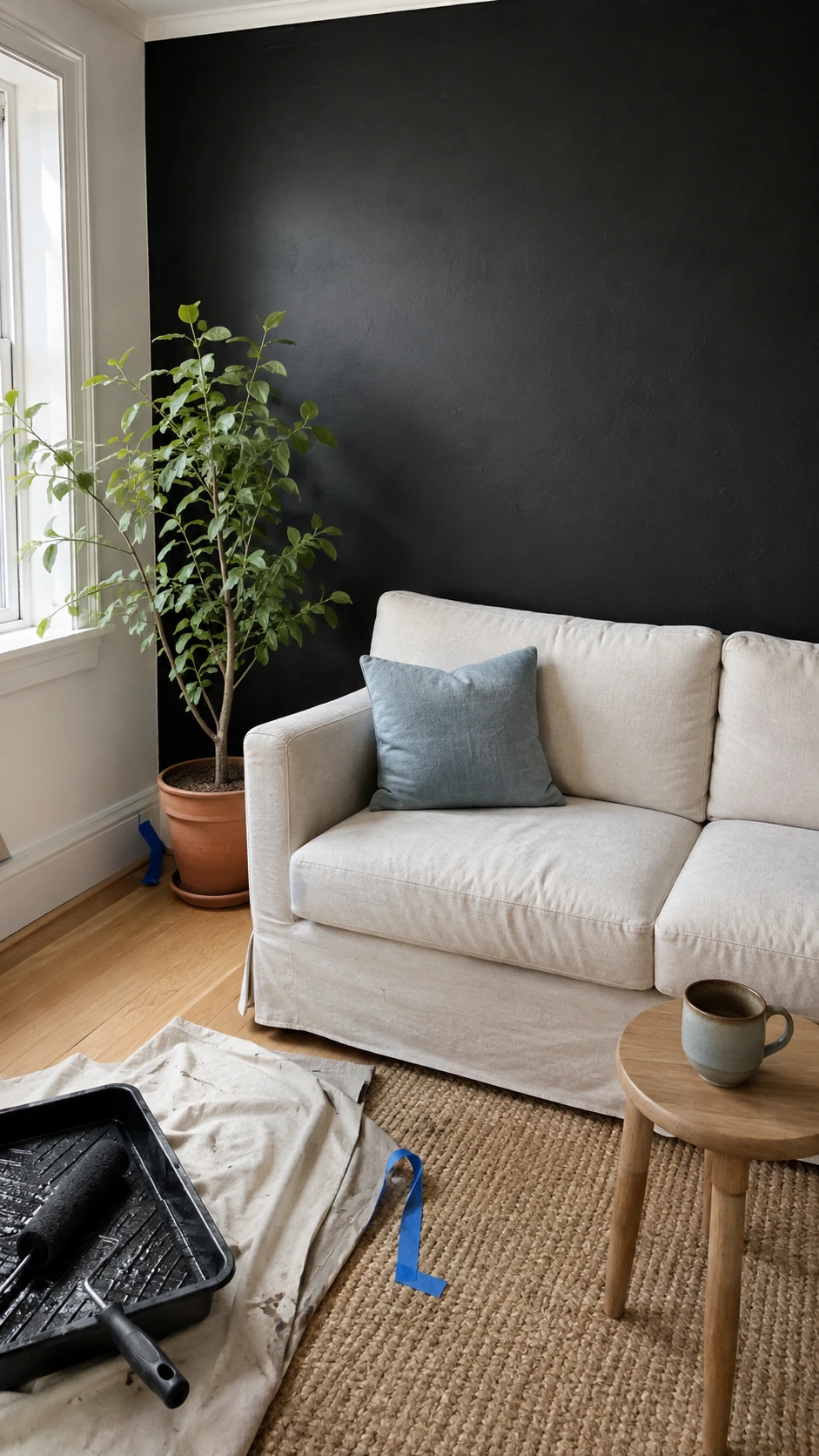 Matte black living room wall behind a light linen sofa shows how Black Accent Walls soften glare with flat texture and drywall detail