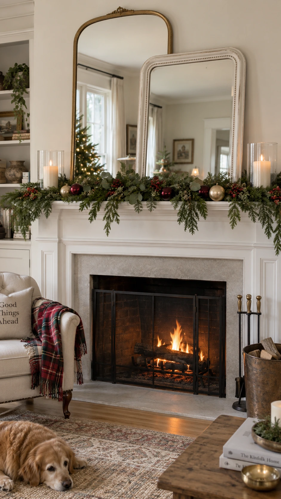 Two large mirrors with gold and silver frames leaned casually against a white fireplace mantel, creating a layered Christmas mantel styling effect in bright natural light