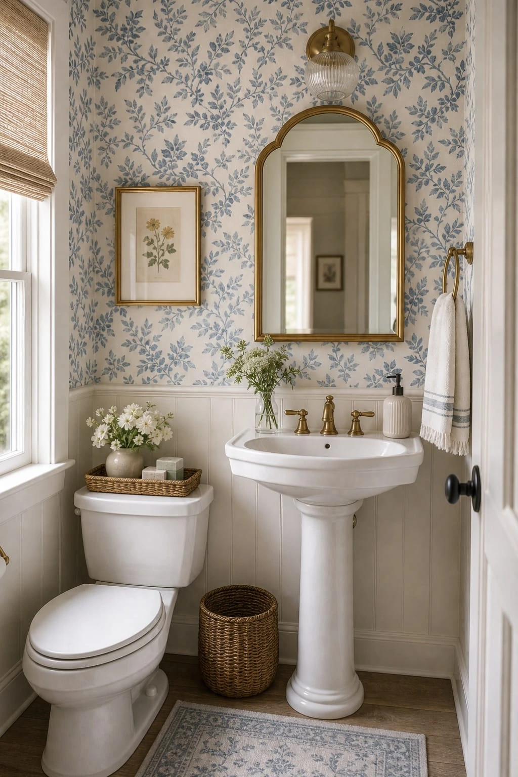 5- Mix Blue Floral Wallpaper with Brass Details