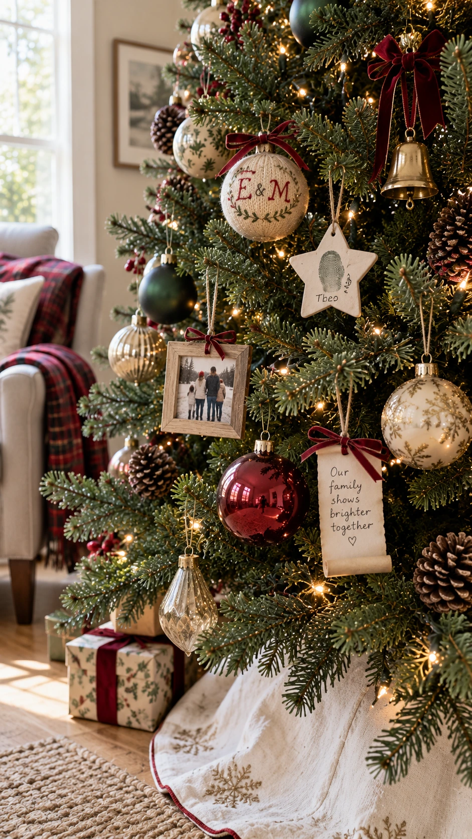 Christmas tree branch displaying handmade clay star with child's fingerprint beside polished store-bought ornaments, showing how sentimental and decorative pieces coexist beautifully