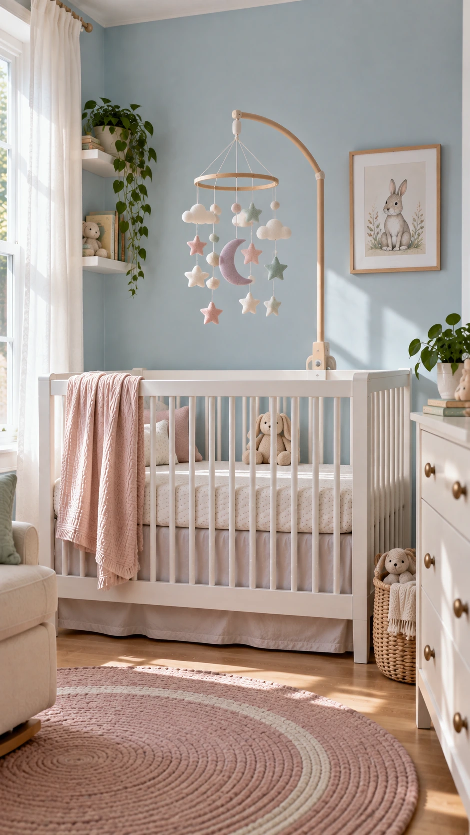 Handmade pastel fabric mobile with clouds and stars in blush, mint, and lavender hanging above a white crib against a dusty blue nursery wall