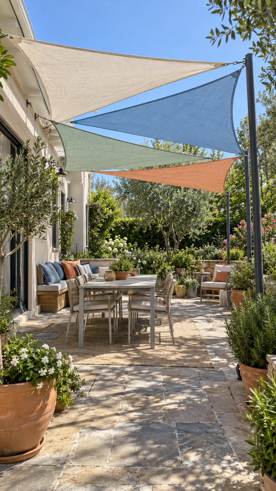 Four small triangular canvas sails staggered over a compact backyard dining lounge demonstrate practical Patio Shade Ideas.