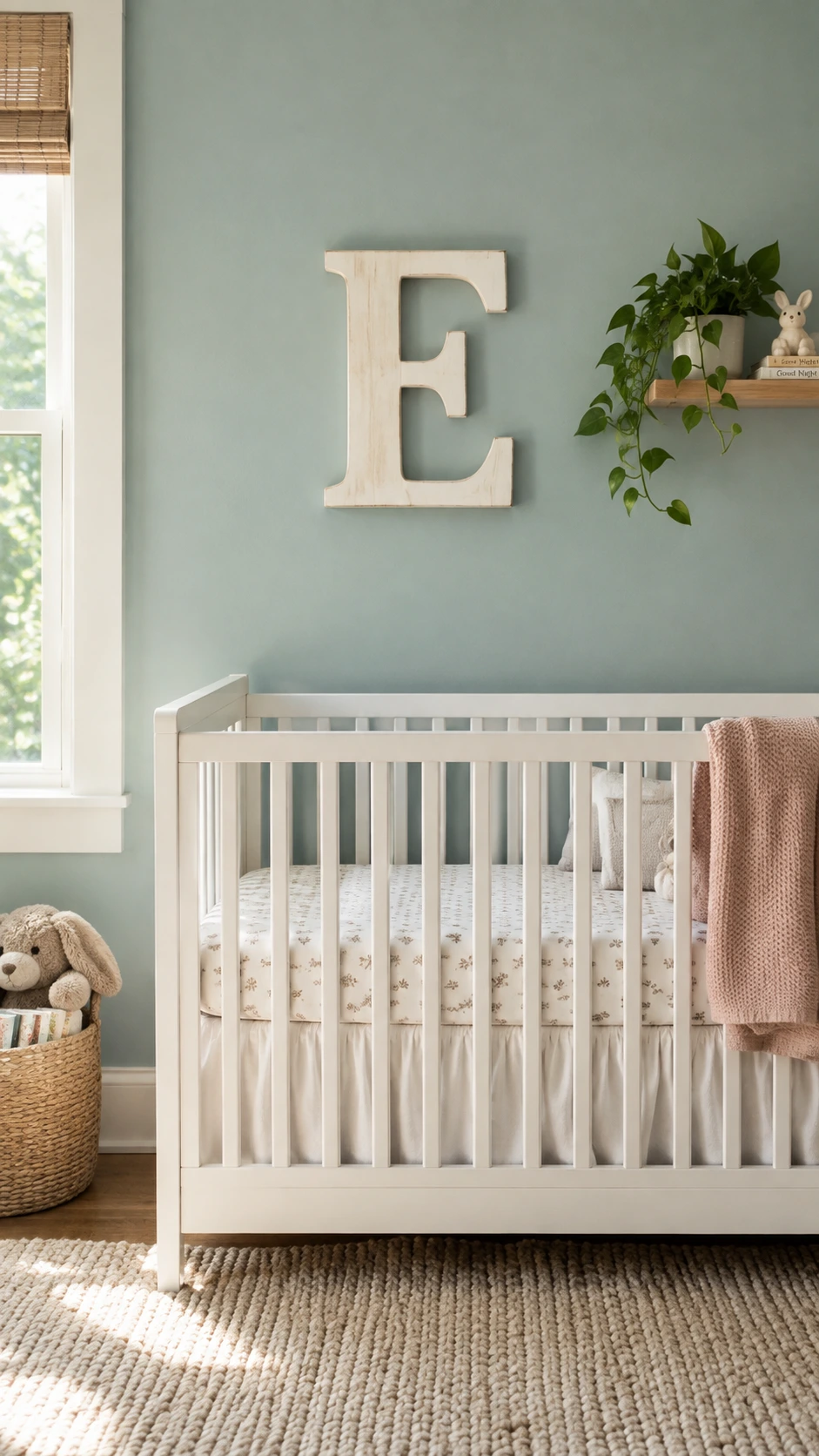 Large wooden letter E in creamy white mounted on a dusty blue-green nursery wall, a simple personalized wall detail for baby's room