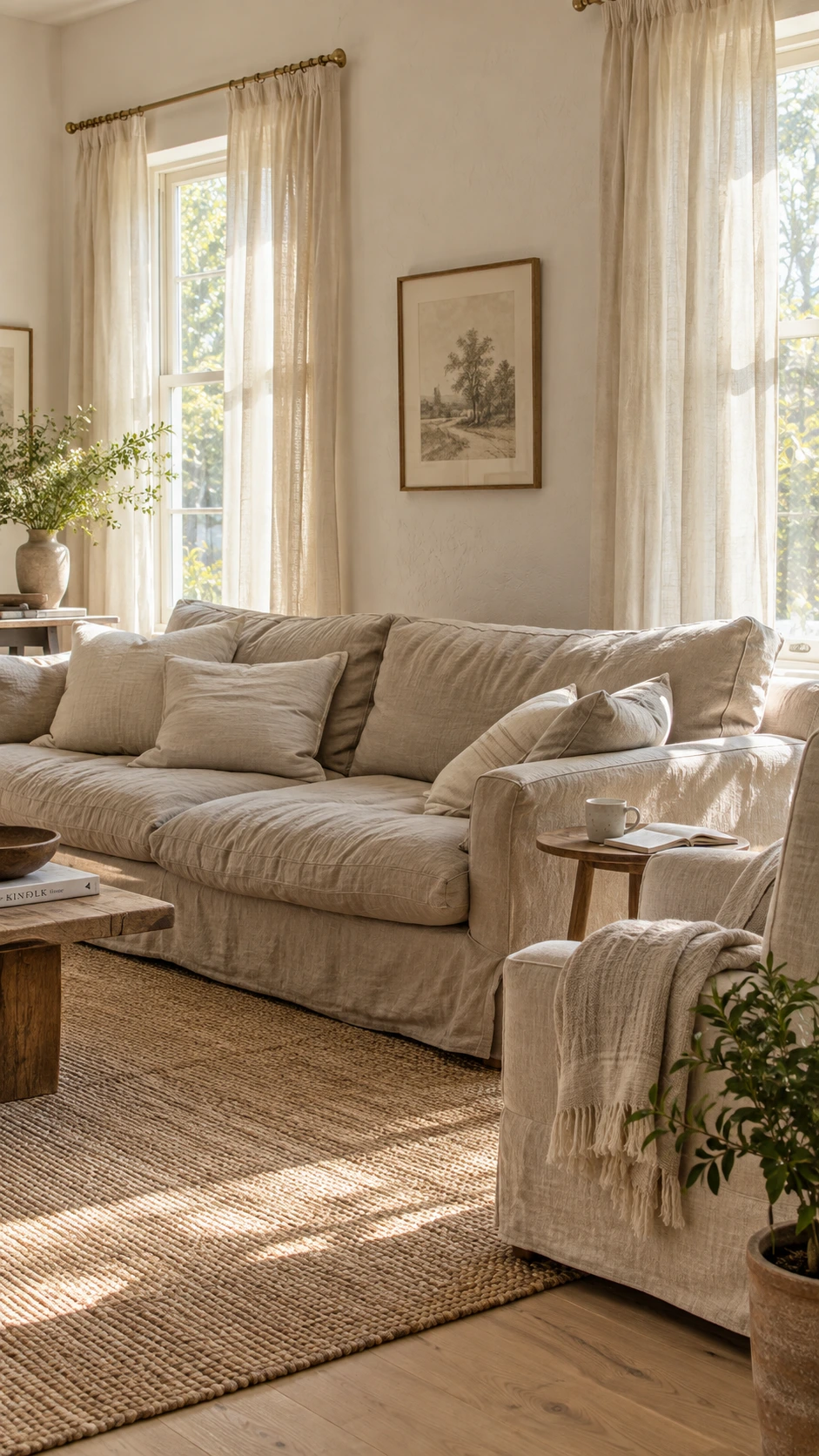 Warm flax-toned linen sofa with naturally textured slubby fabric in a sunlit living room corner, embodying the understated elegance of old money home decor