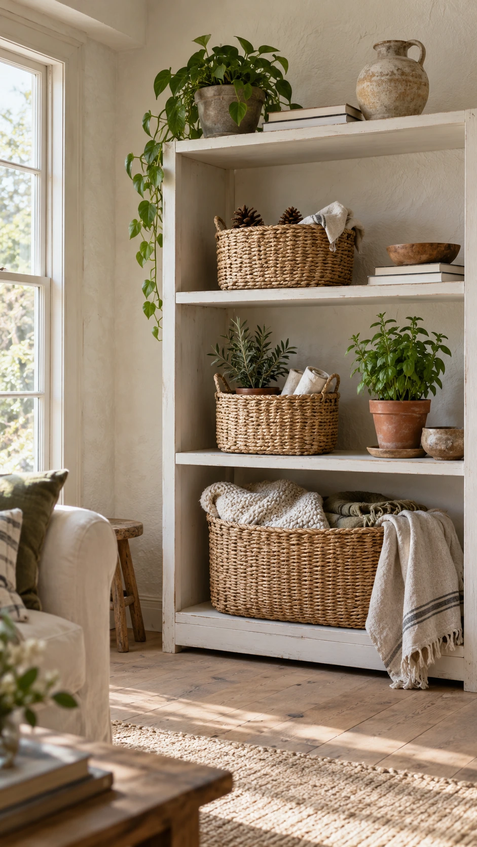 Wooden open shelving unit displaying neutral woven baskets of varying sizes storing folded throw blankets in a bright farmhouse living room corner