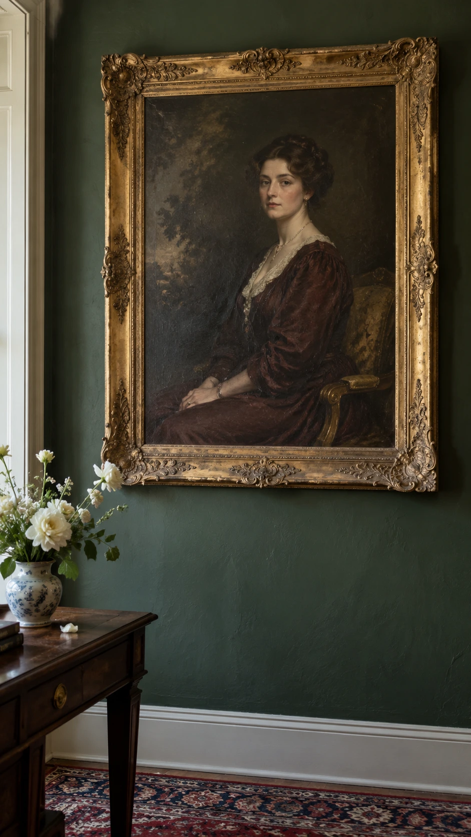 Large antique oil portrait in an ornate gilded frame on a traditional living room wall, with visible aged brushstrokes in deep umber and burgundy tones that define old money home decor