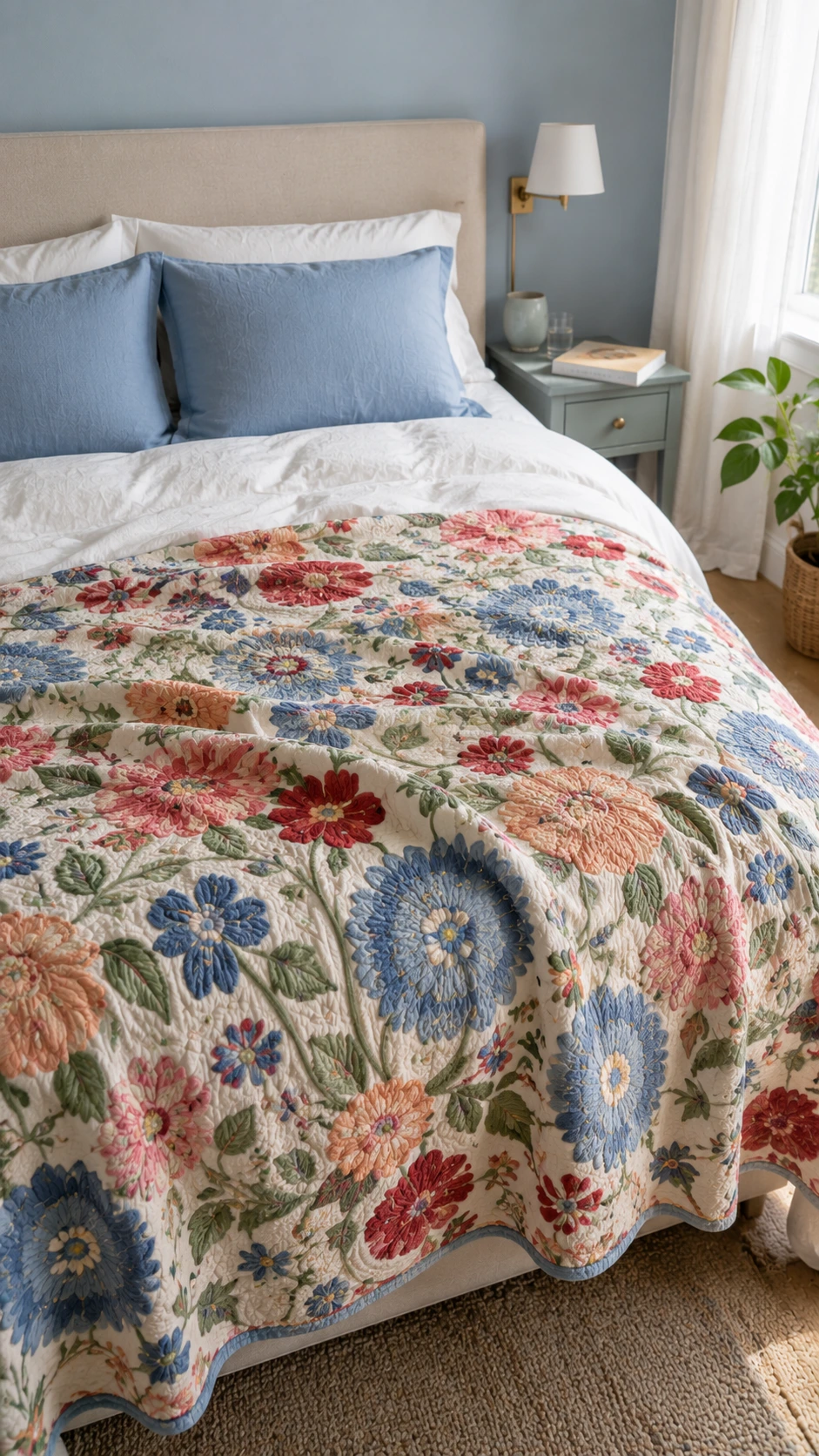 Plain white bed with soft blue pillows and a colorful raised-stitched floral coverlet for Dreamy Bedroom Ideas.