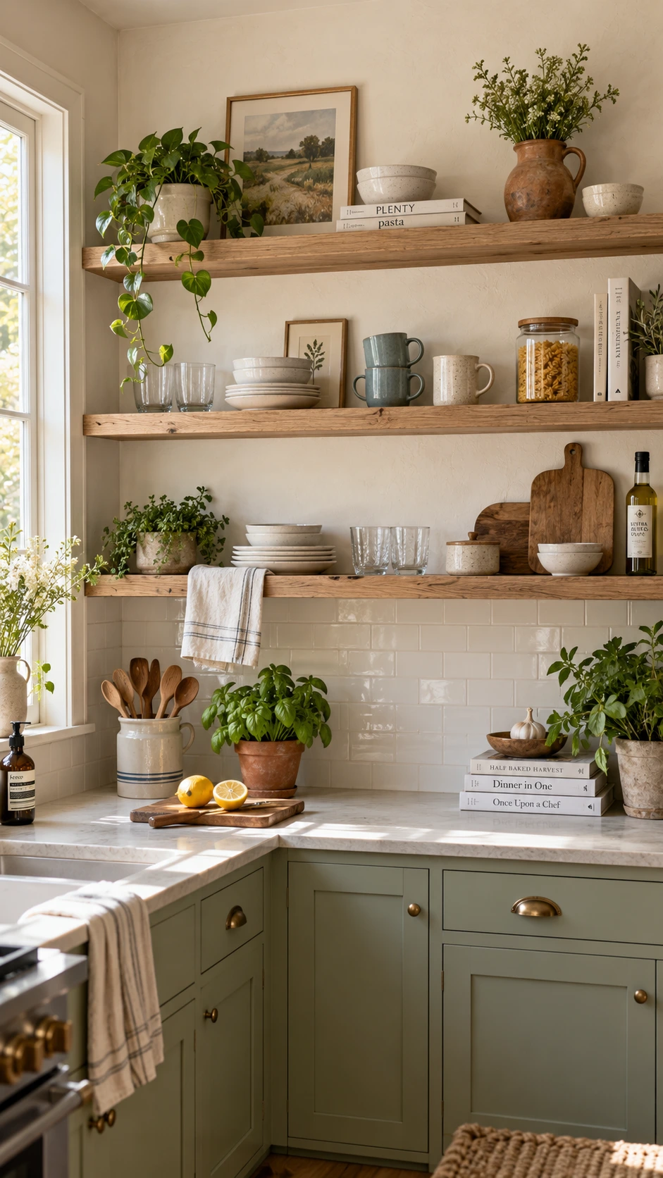 Open wooden wall shelves in a farmhouse kitchen display stacked dishes and jars against warm white plaster walls bathed in natural window light