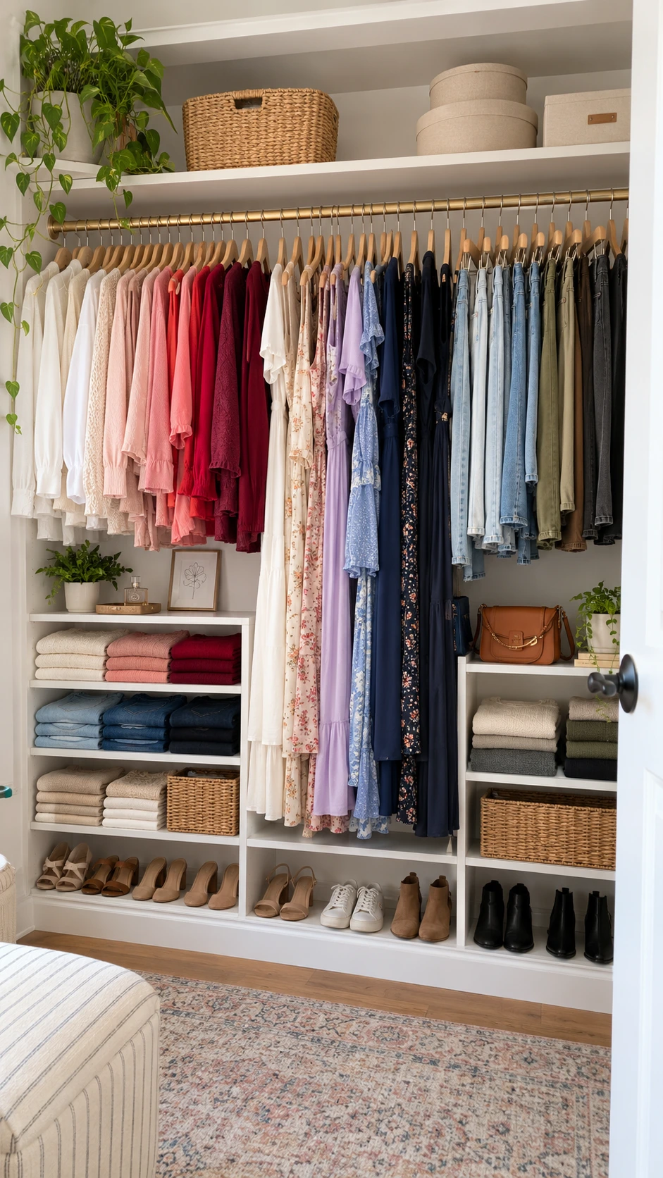 Bedroom closet rod displaying clothes organized by category and color, with tops flowing from white to burgundy and dresses grouped separately in natural daylight