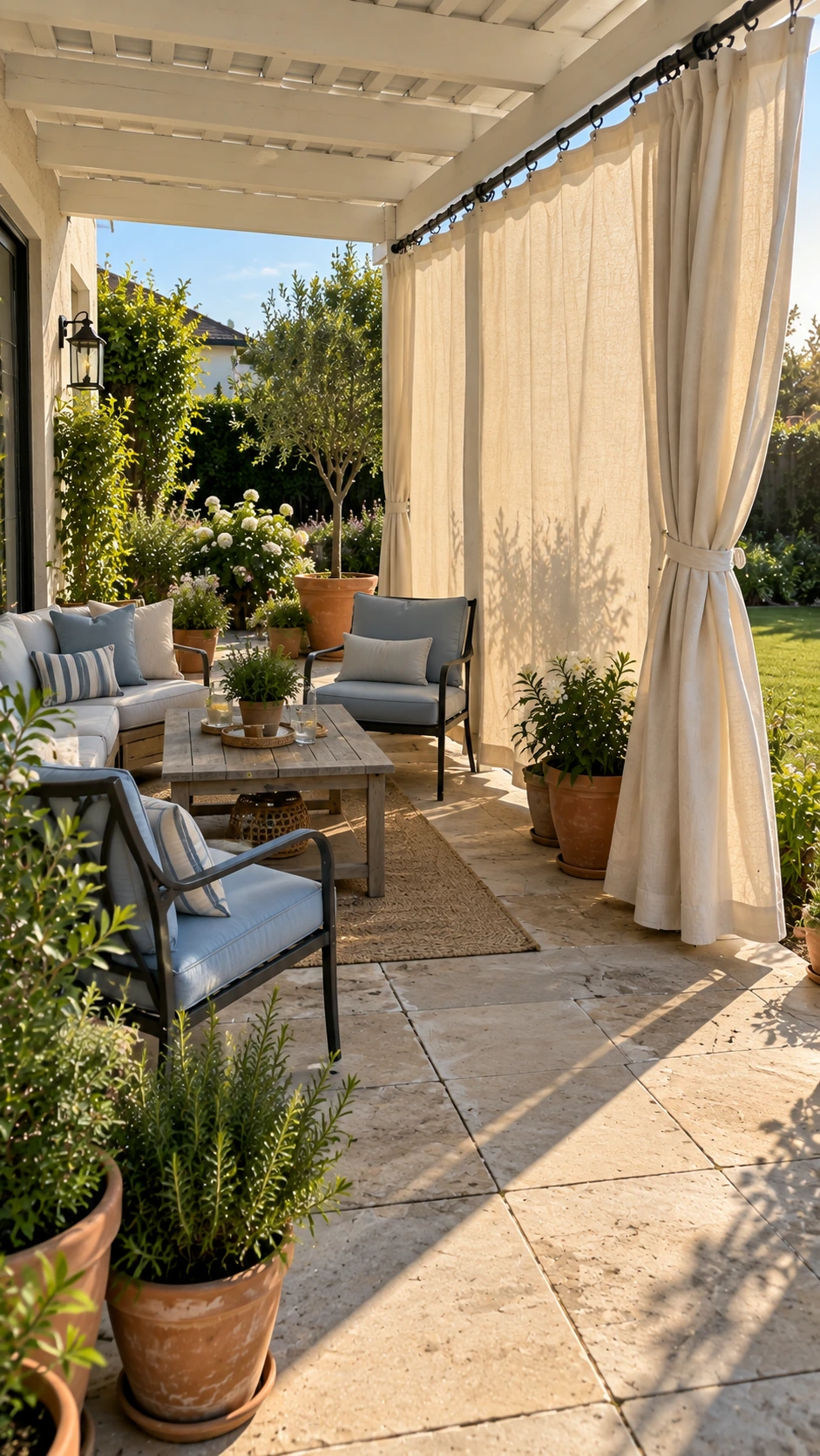 Patio Shade Ideas with off-white outdoor curtains on a pergola blocking low side sun beside a bright backyard home