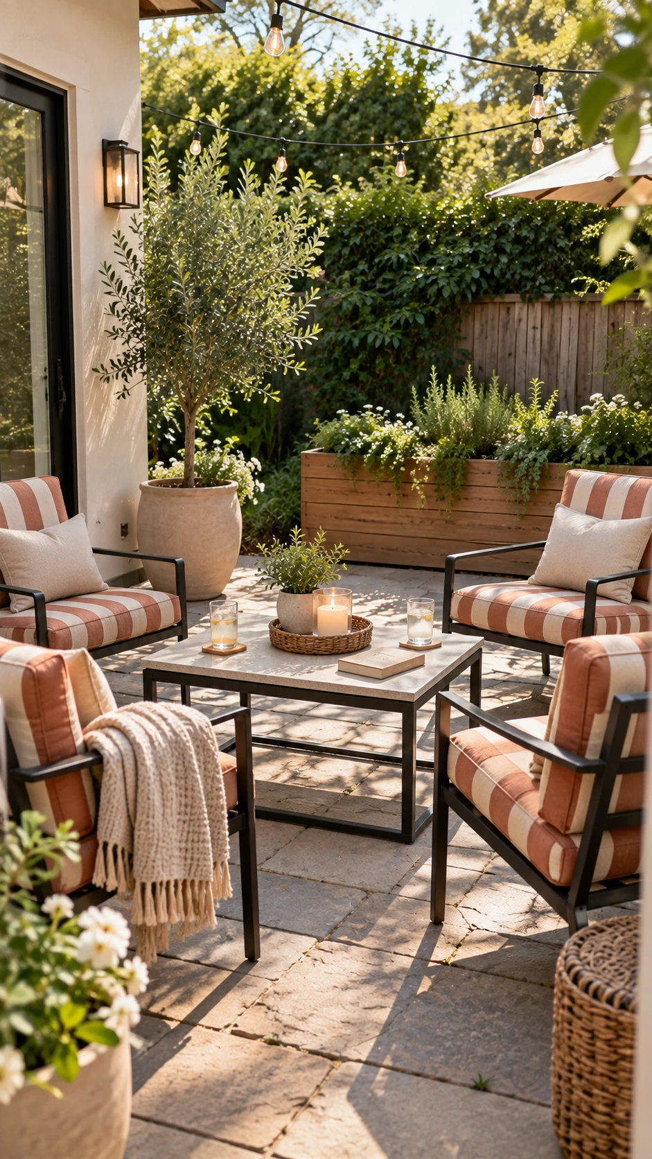 Airbnb backyard patio with cushioned metal chairs, two drinks on a low table, and a lit candle signaling the space is guest-ready