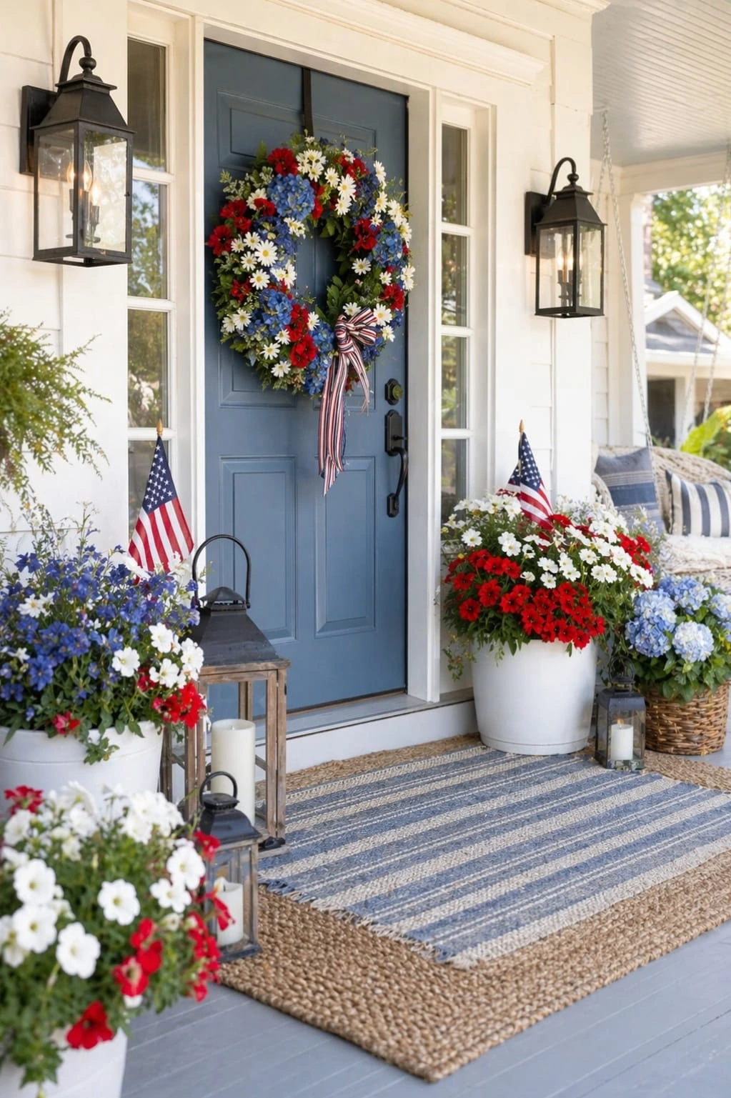 7- Pair a Blue Door with Patriotic Flowers