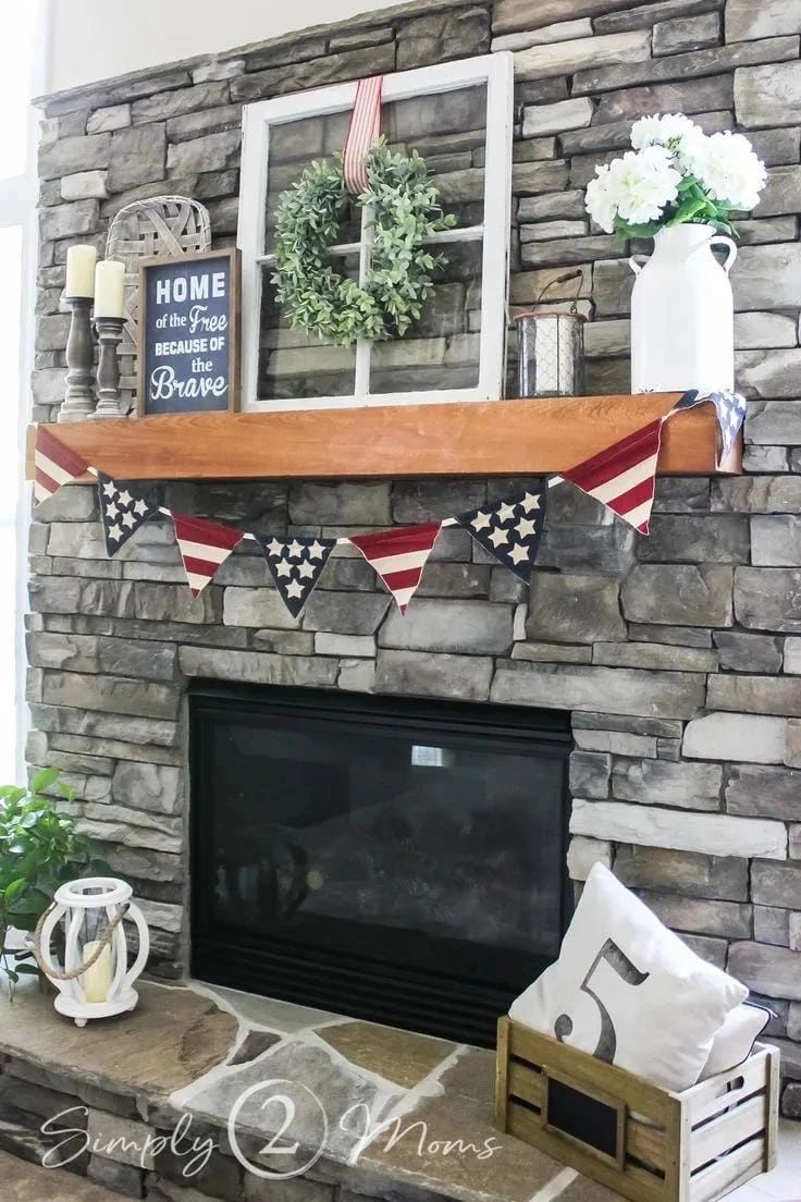 9- Pair Flag Bunting with a Stone Fireplace