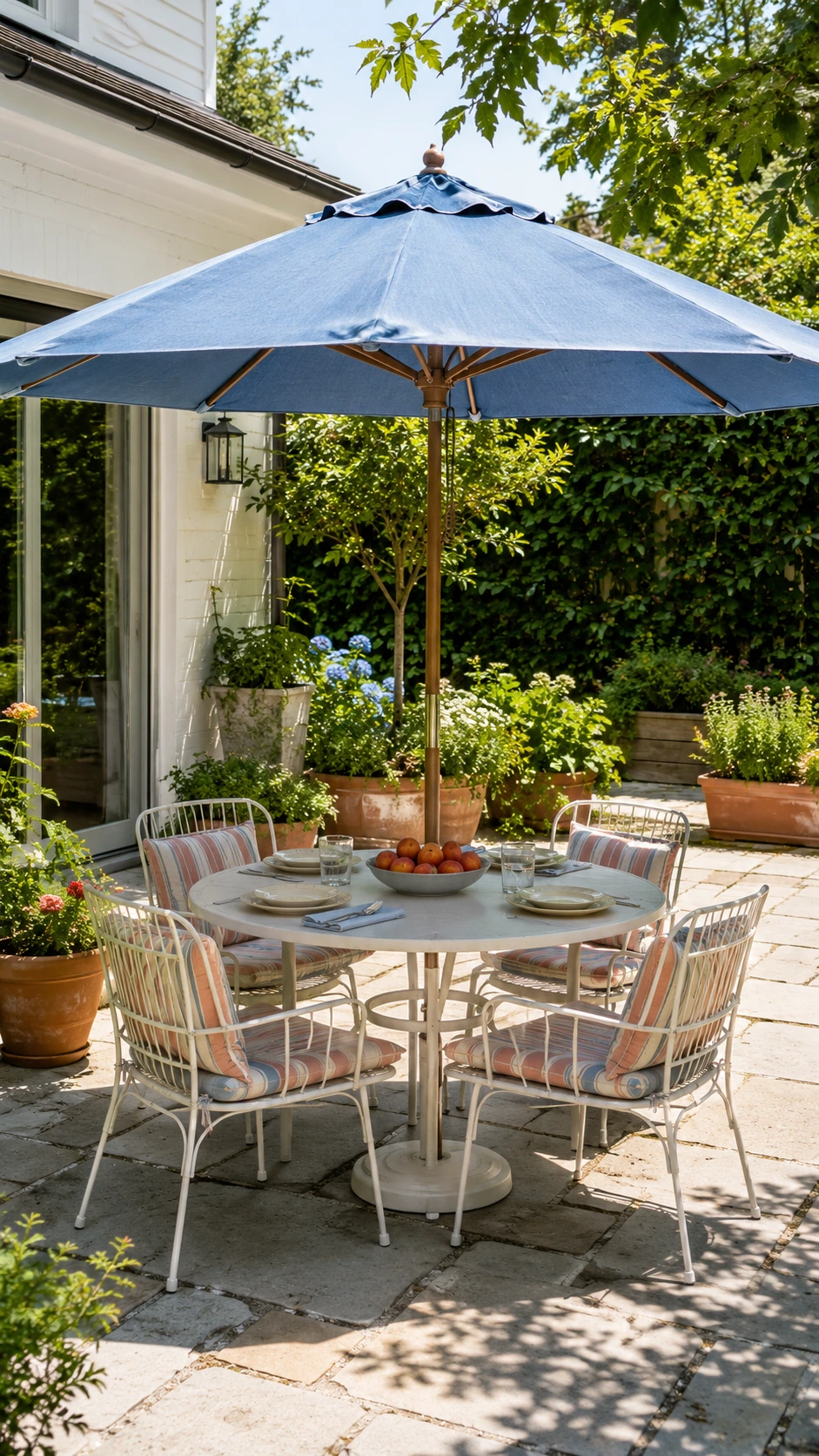 Ocean-blue umbrella shades a round outdoor dining table, a practical patio shade ideas example for sunny stone patios