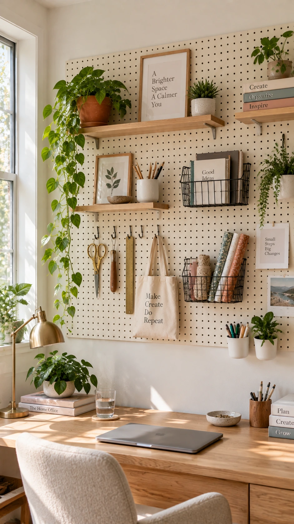 Large cream pegboard panel mounted on white wall in bright home office, showcasing versatile hanging decor storage for crafts and supplies