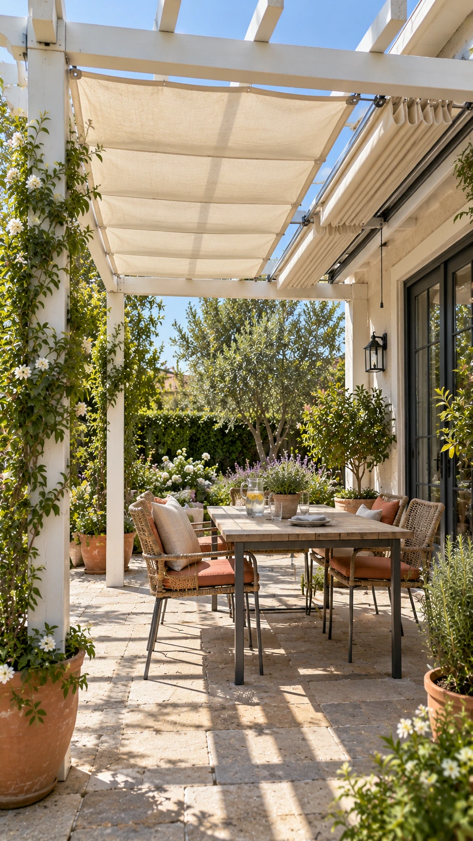 White pergola with off-white retractable canopy panels shading a dining table, one panel gathered on rails for Patio Shade Ideas